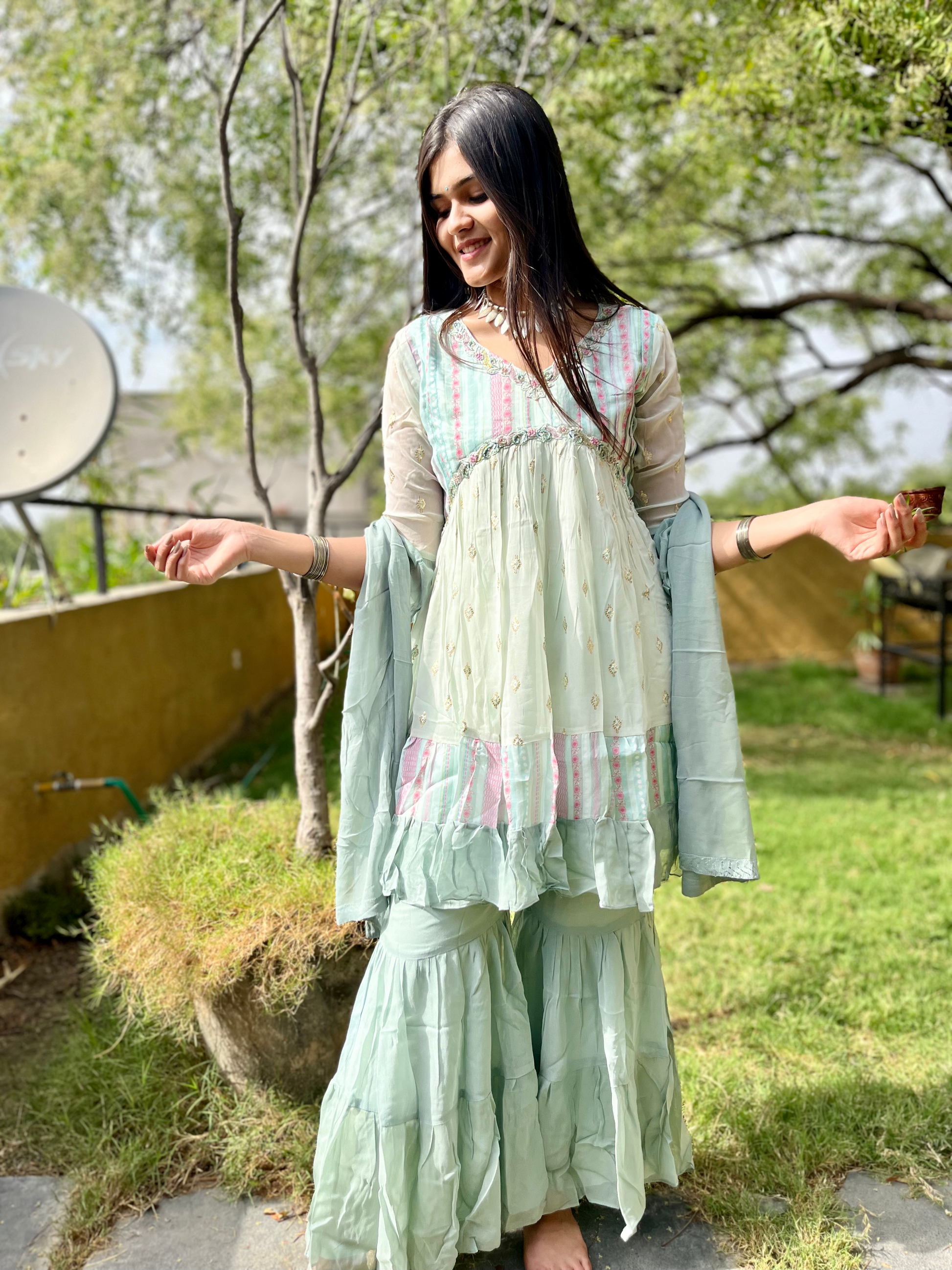 Sky Blue Alia Cut : 3 Piece Sharara Set