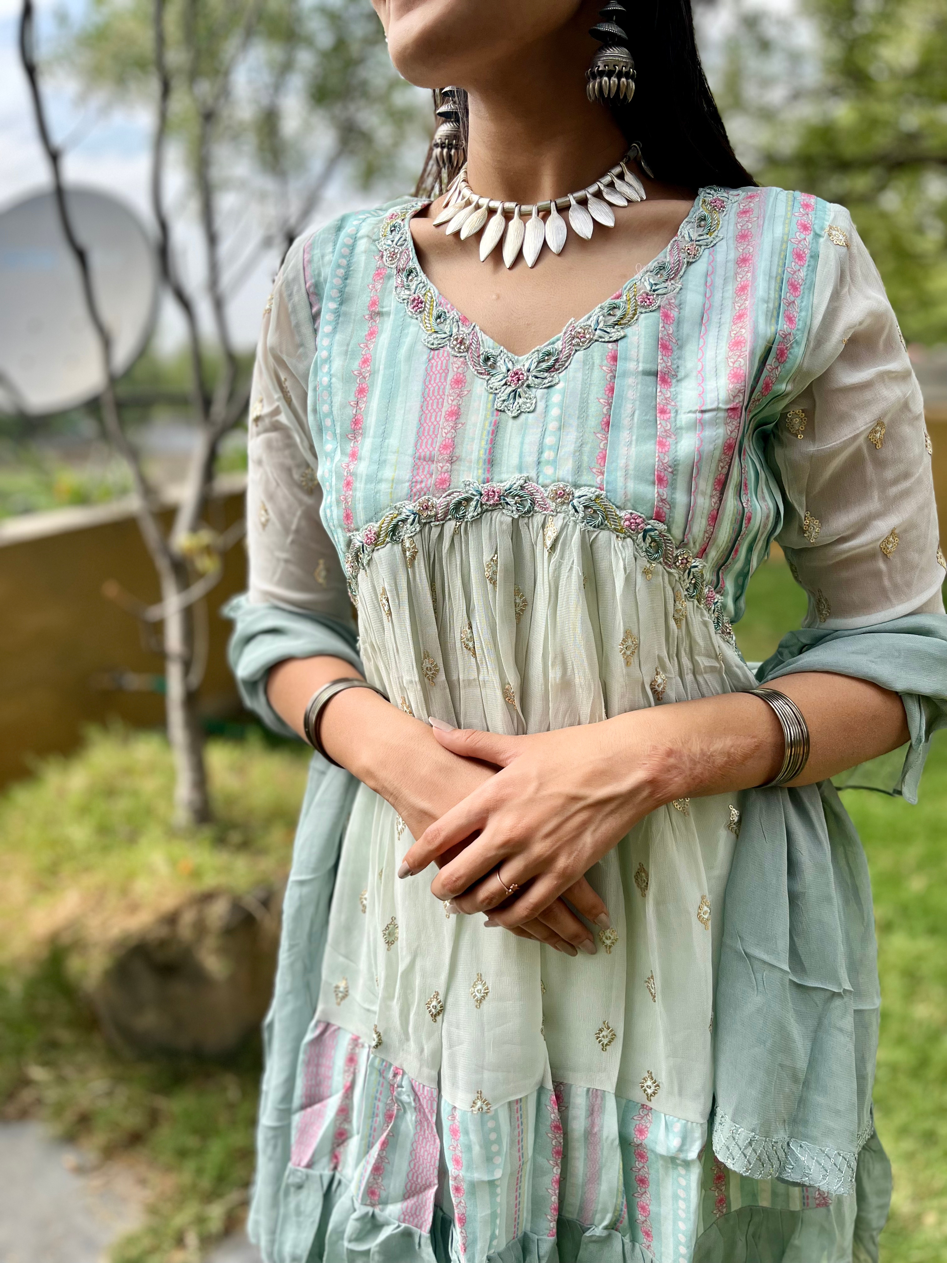 Sky Blue Alia Cut : 3 Piece Sharara Set