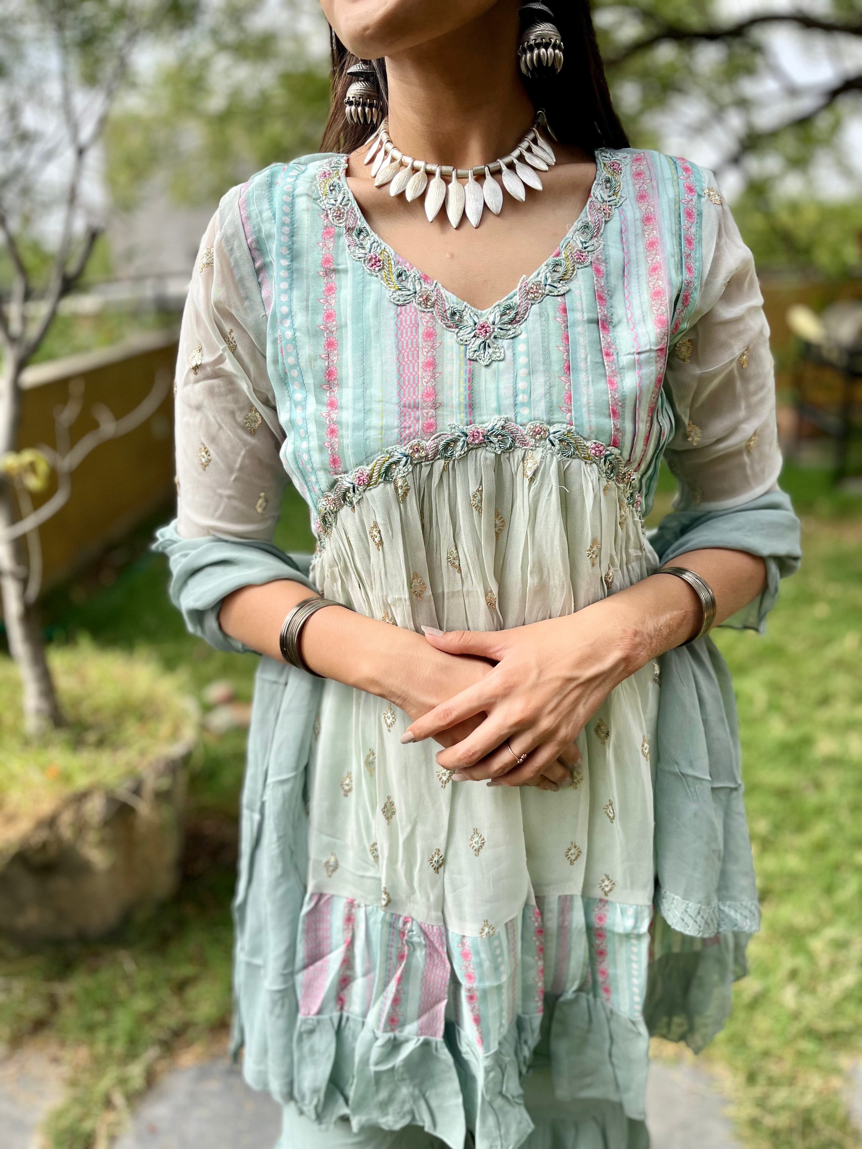 Image of Sky Blue Alia Cut : 3 Piece Sharara Set