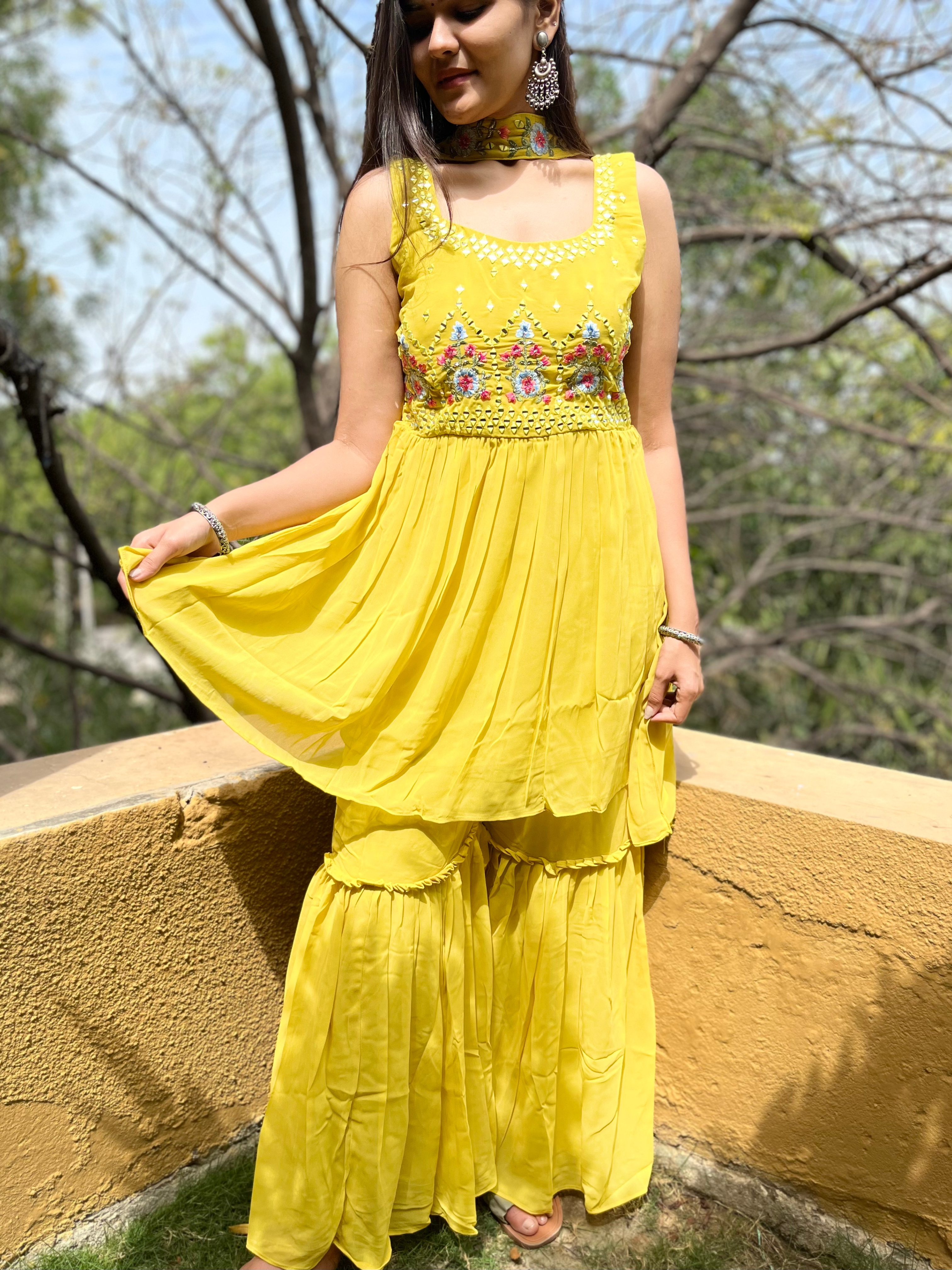 Image of Georgette Yellow : 3 Piece Sharara Set