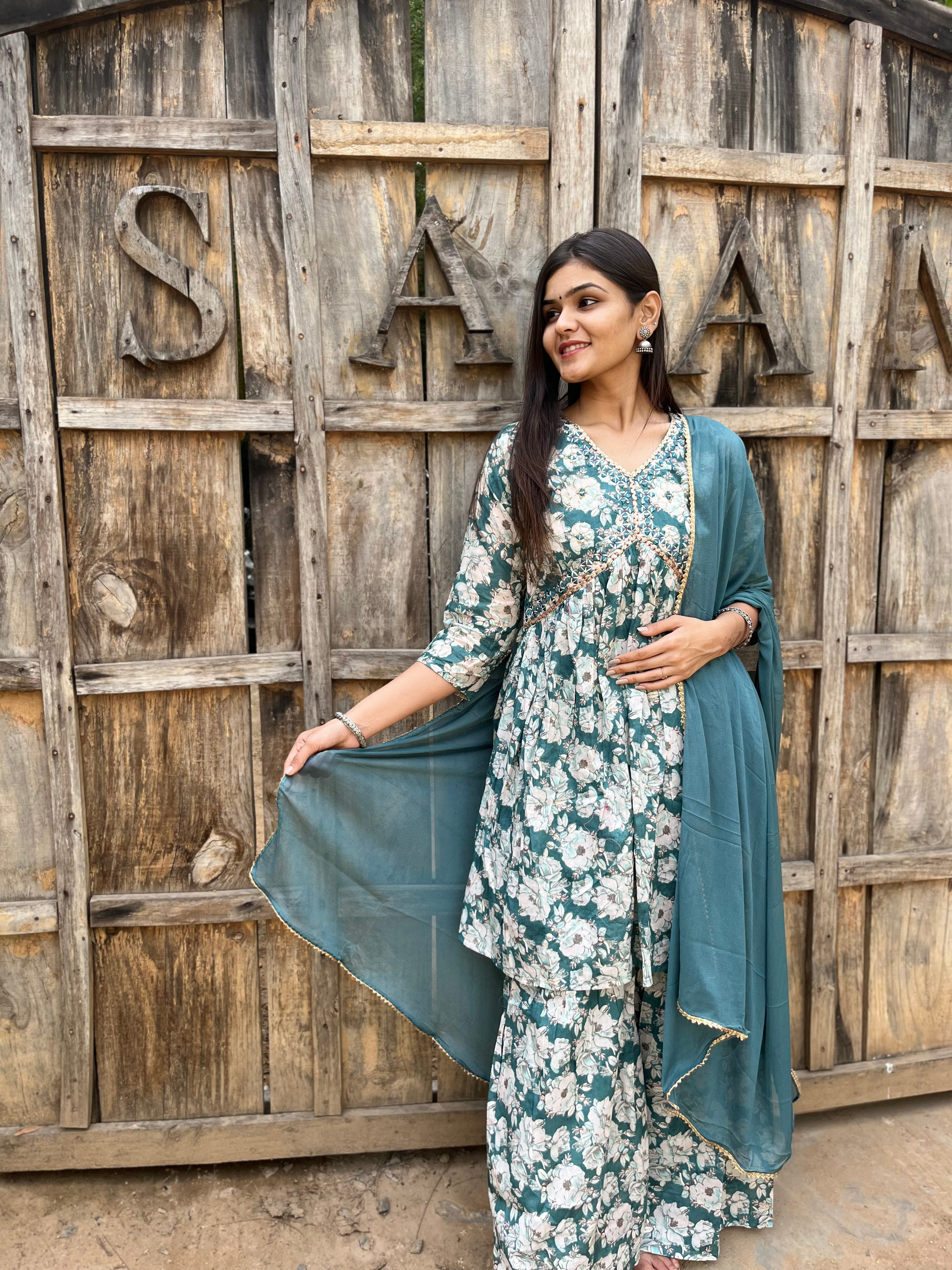 Firozi Blue Alia Cut : 3 Piece Sharara Set