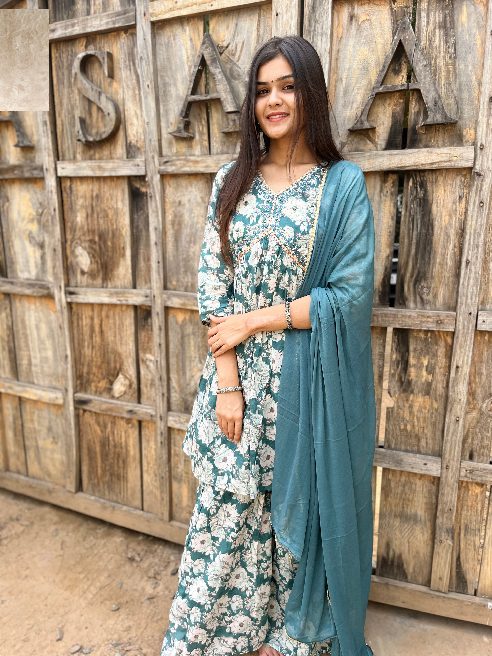 Firozi Blue Alia Cut : 3 Piece Sharara Set