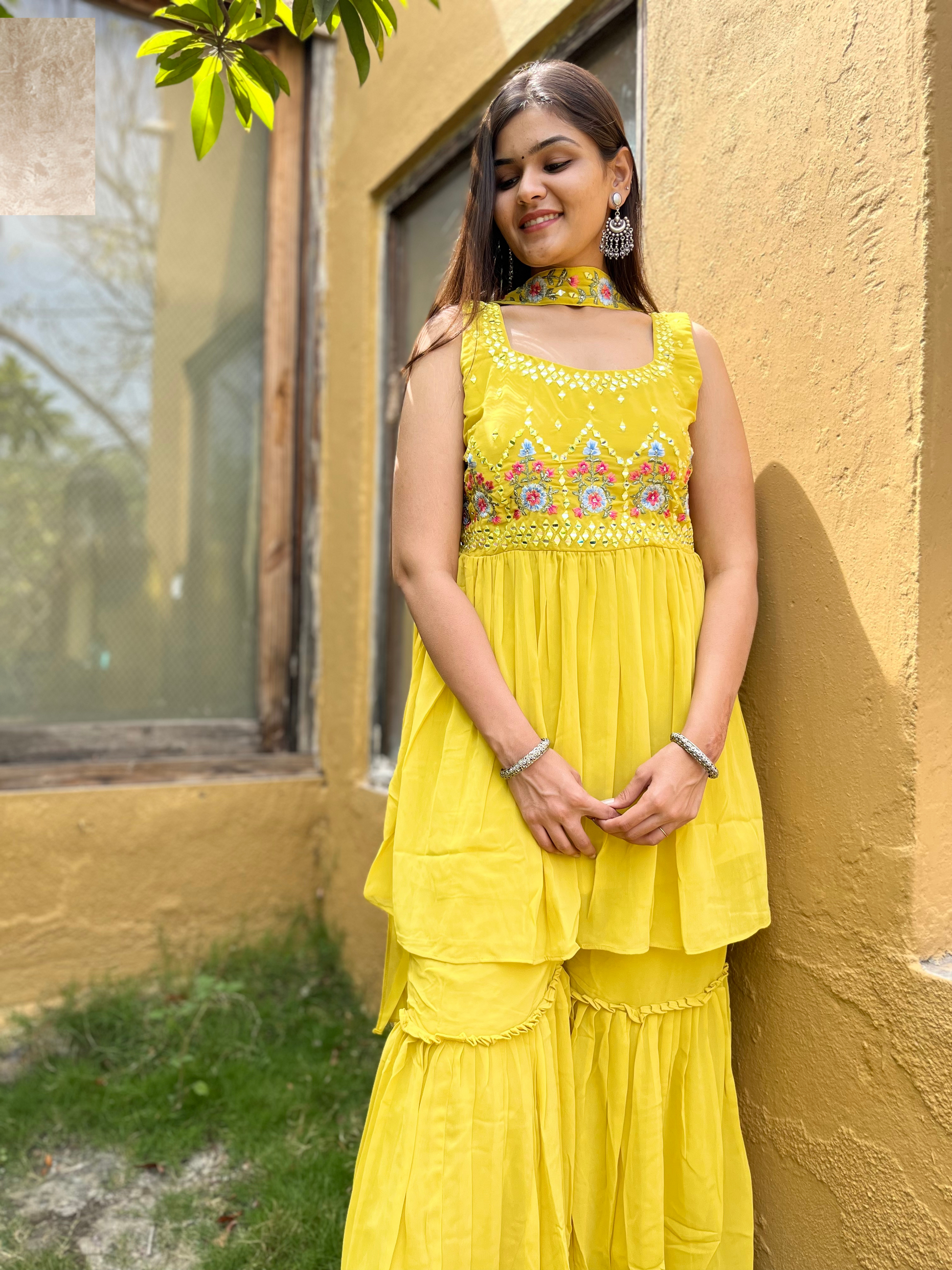 Georgette Yellow : 3 Piece Sharara Set