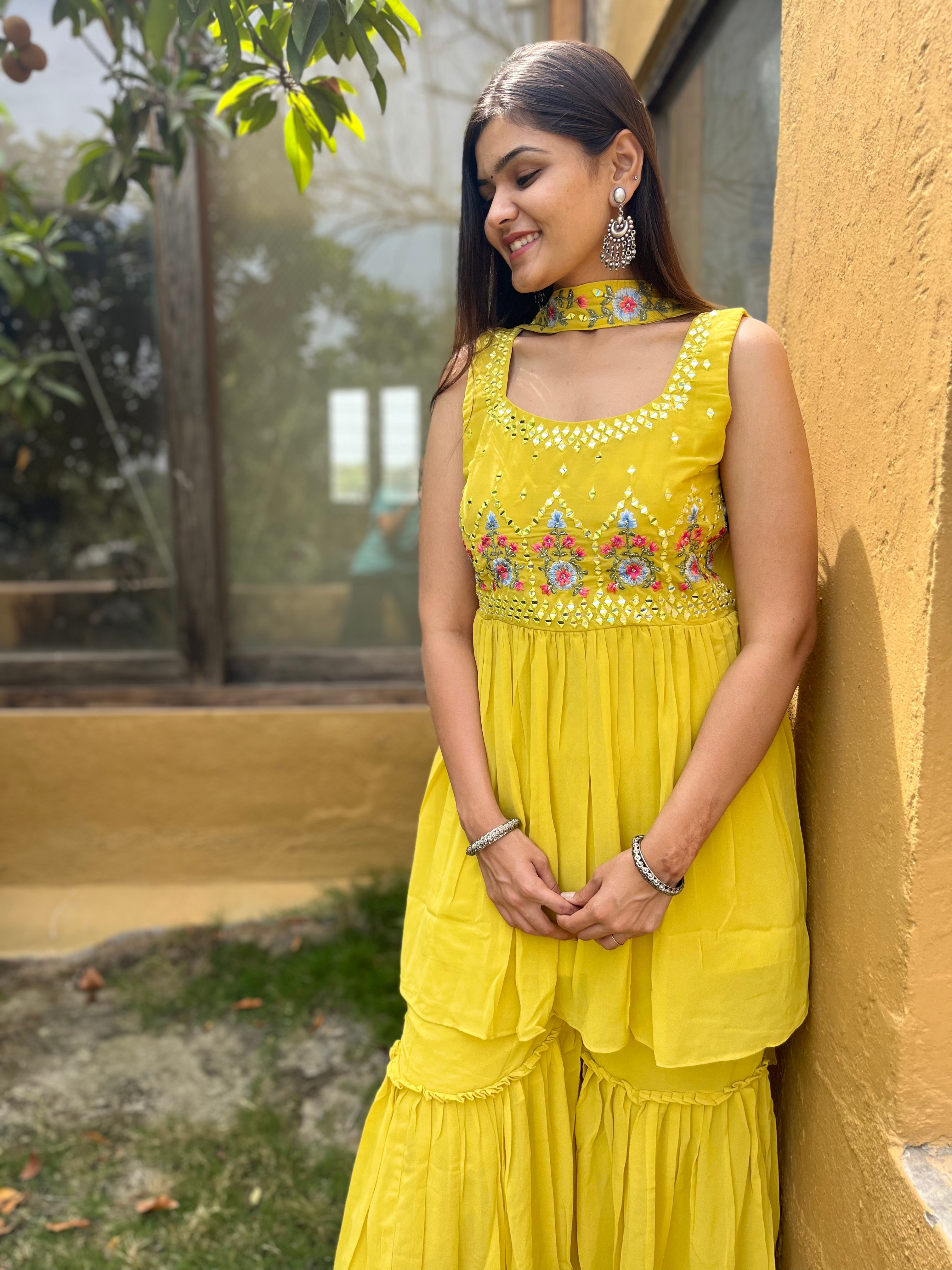 Image of Georgette Yellow : 3 Piece Sharara Set