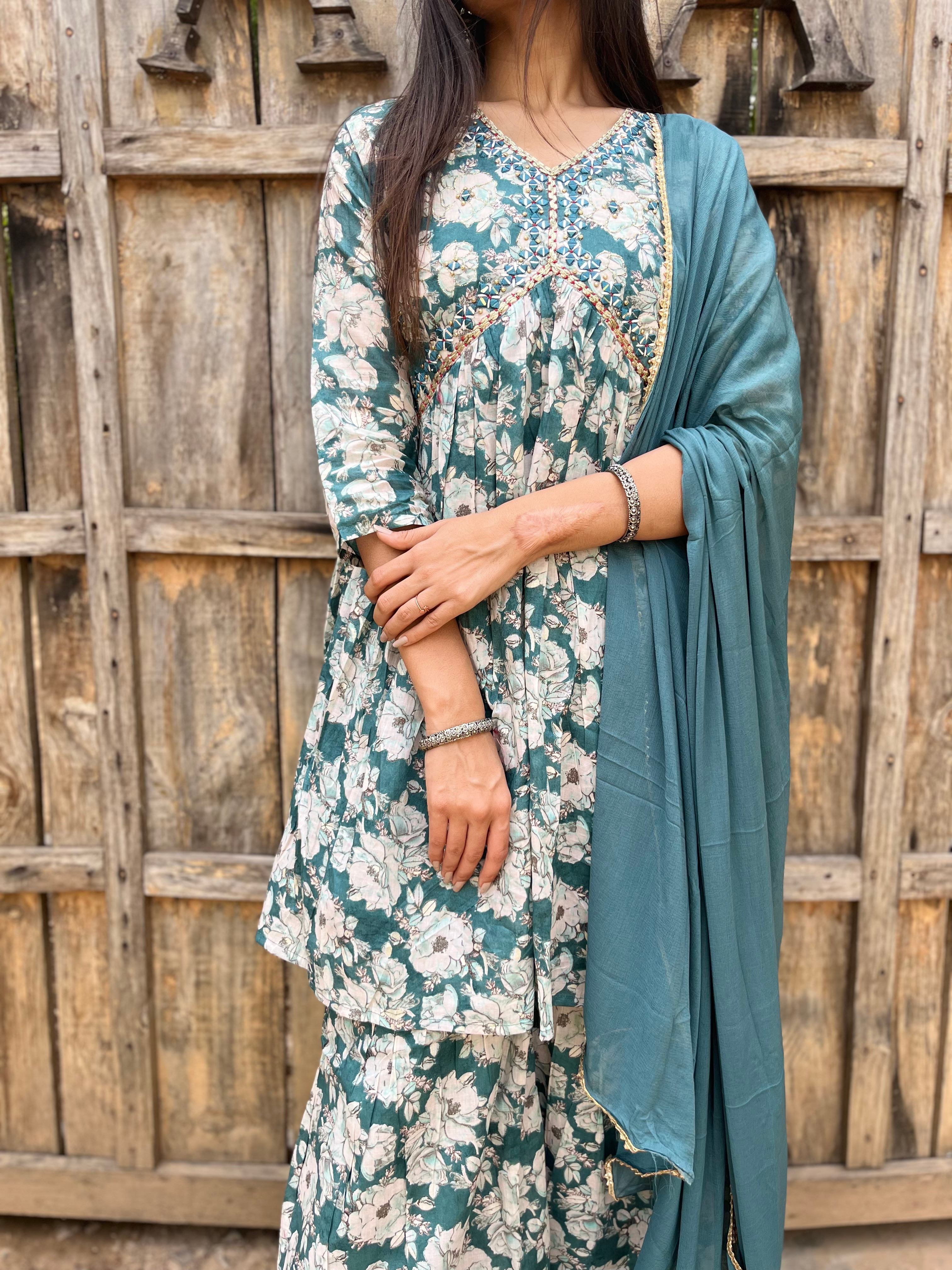 Image of Firozi Blue Alia Cut : 3 Piece Sharara Set