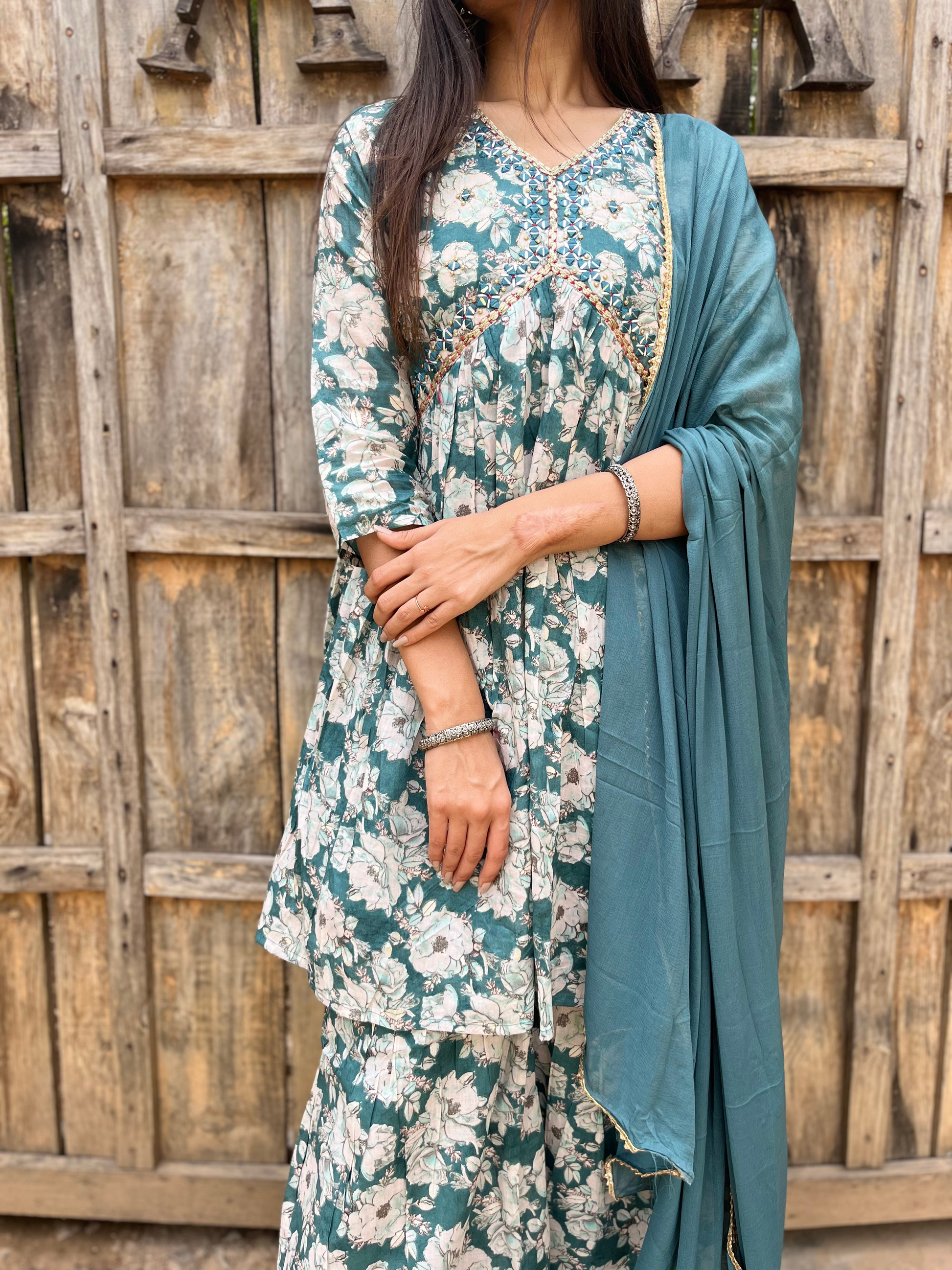 Firozi Blue Alia Cut : 3 Piece Sharara Set