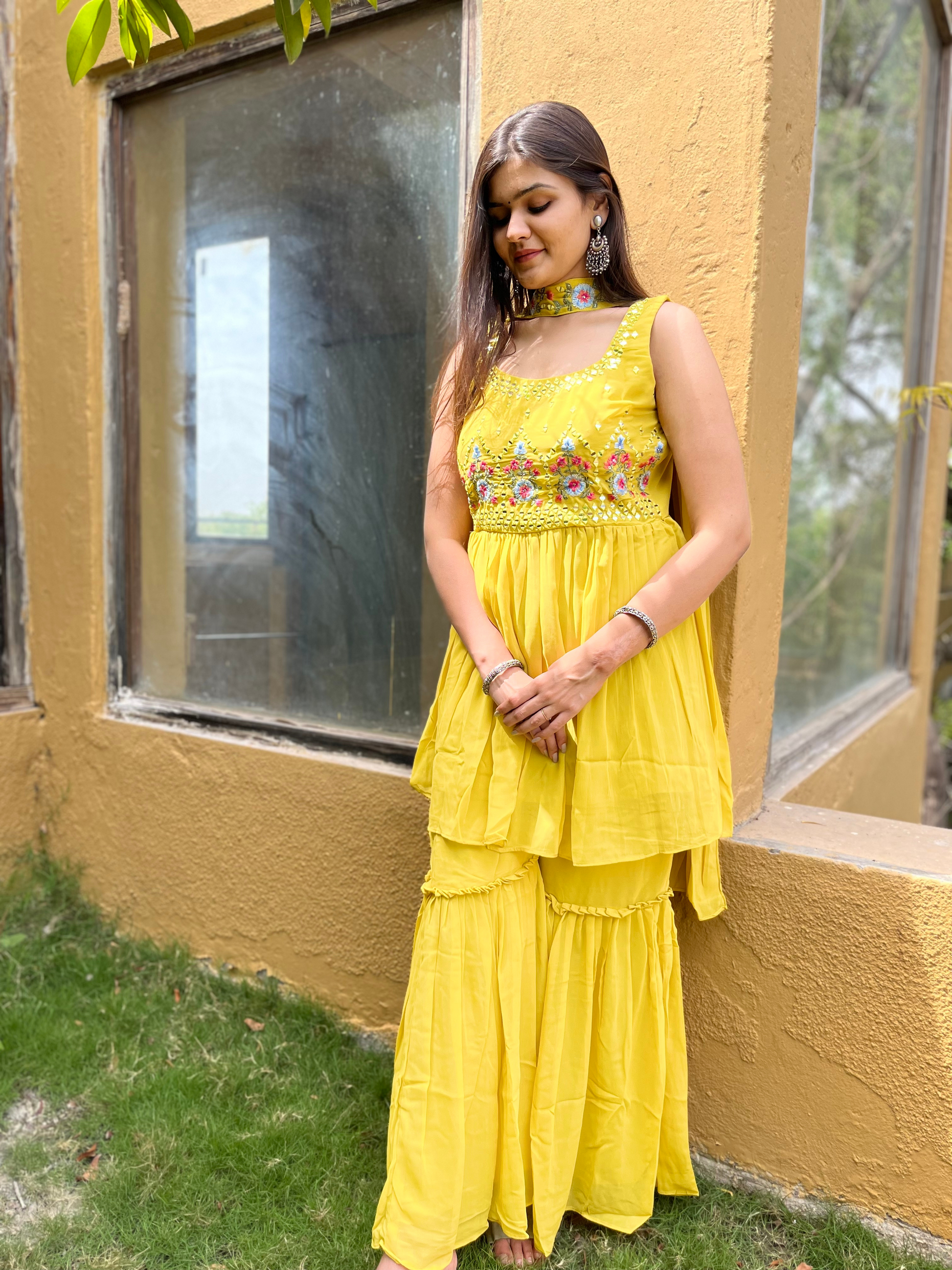 Georgette Yellow : 3 Piece Sharara Set