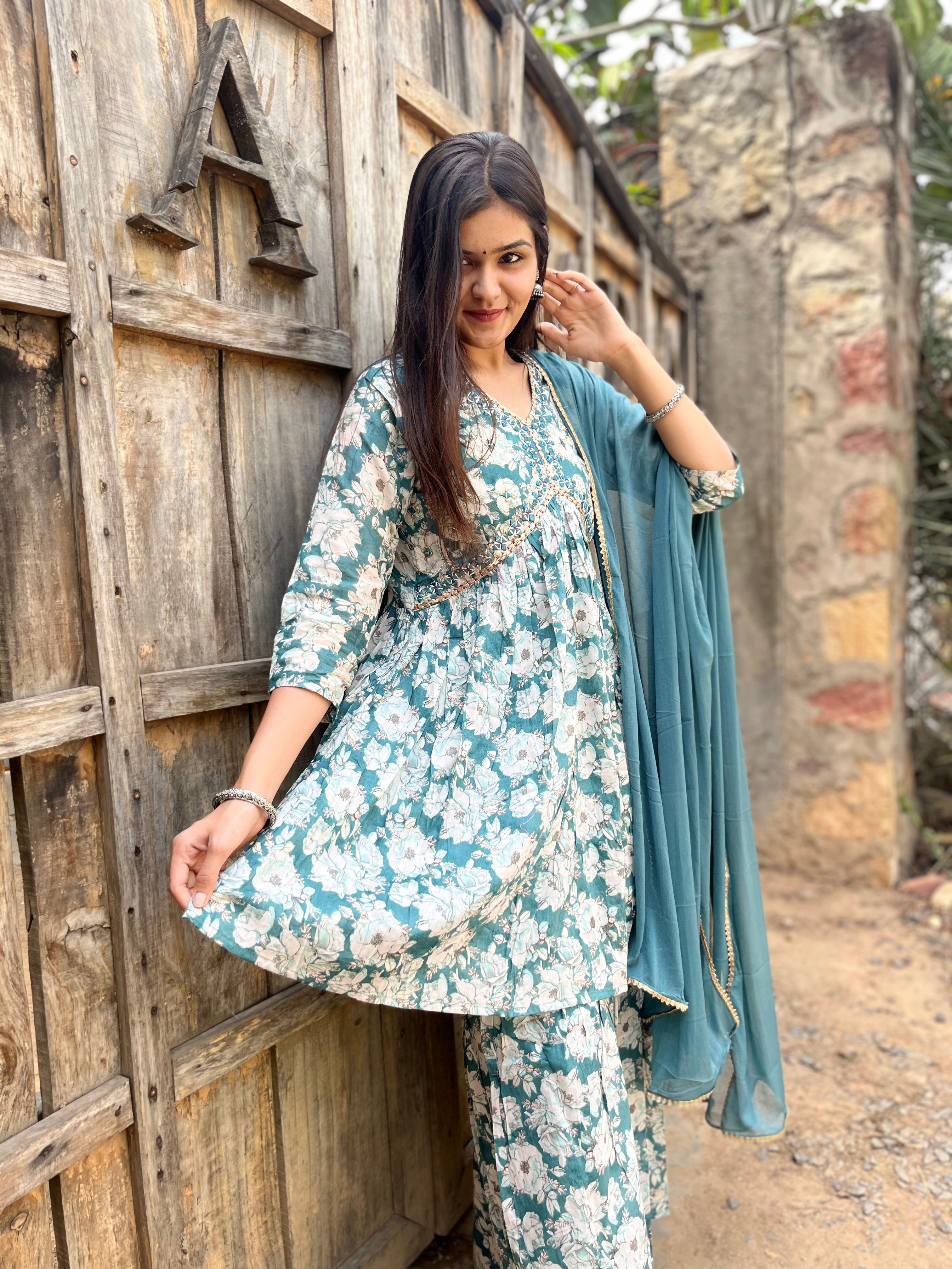 Image of Firozi Blue Alia Cut : 3 Piece Sharara Set