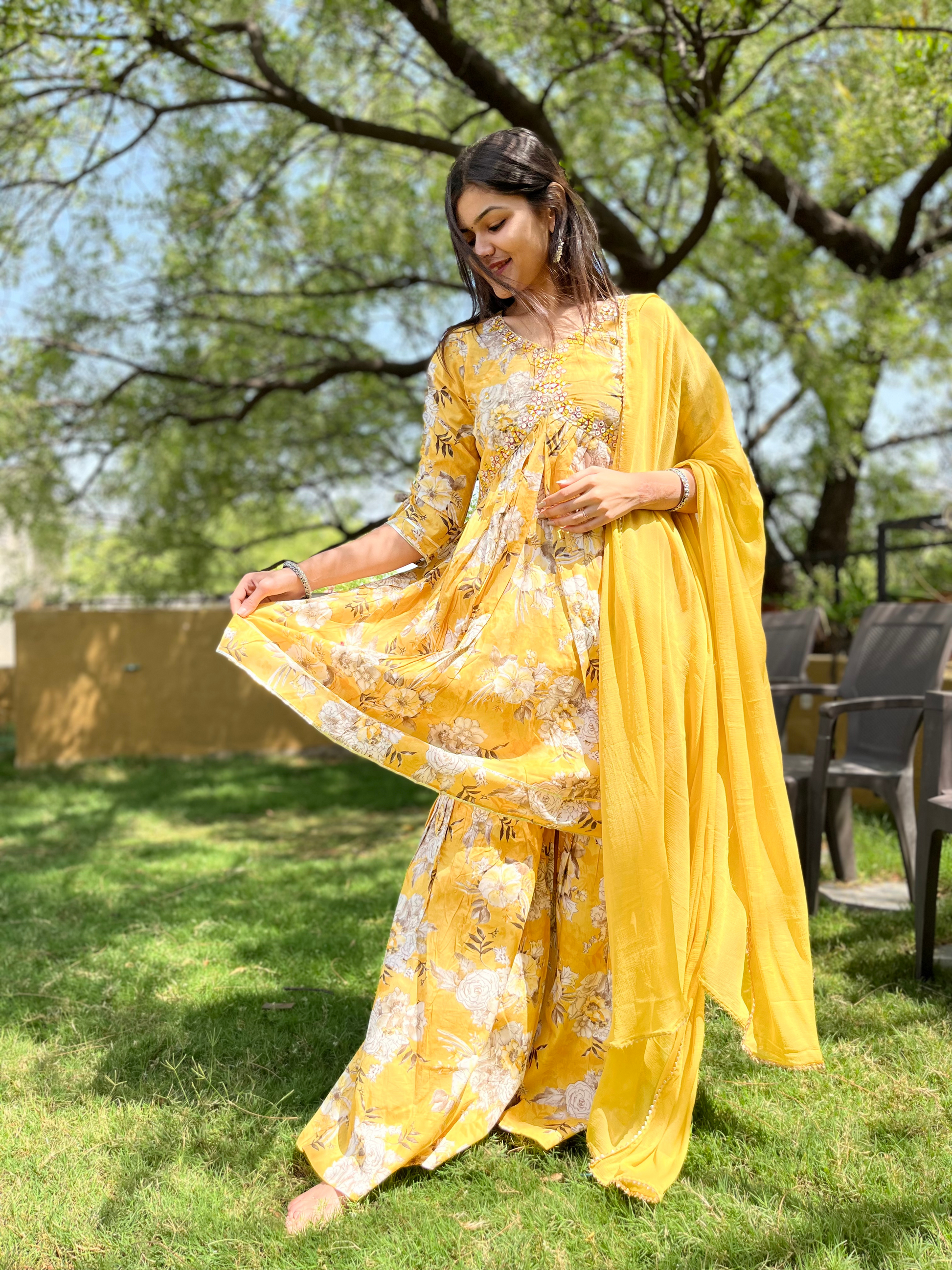 Mul Cotton Alia Cut Sharara Set with Nazlin Dupatta- 3 Piece