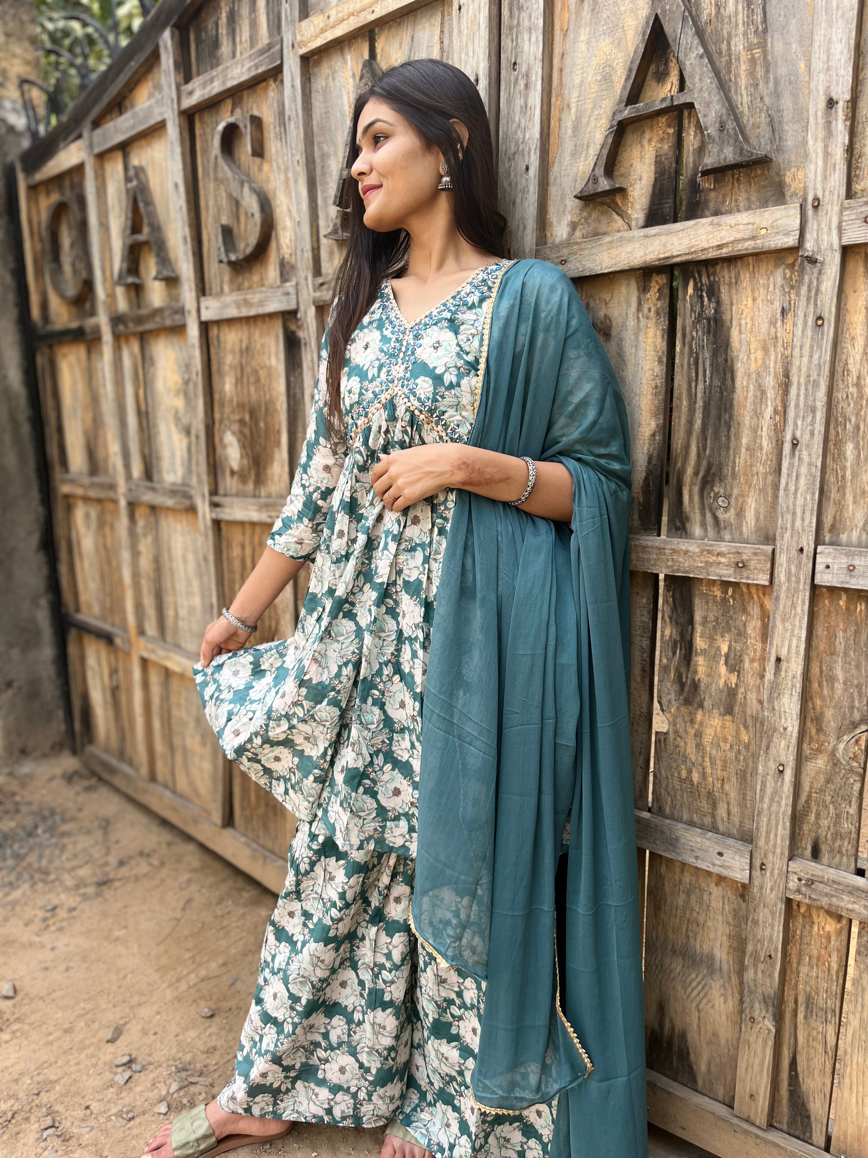 Firozi Blue Alia Cut : 3 Piece Sharara Set