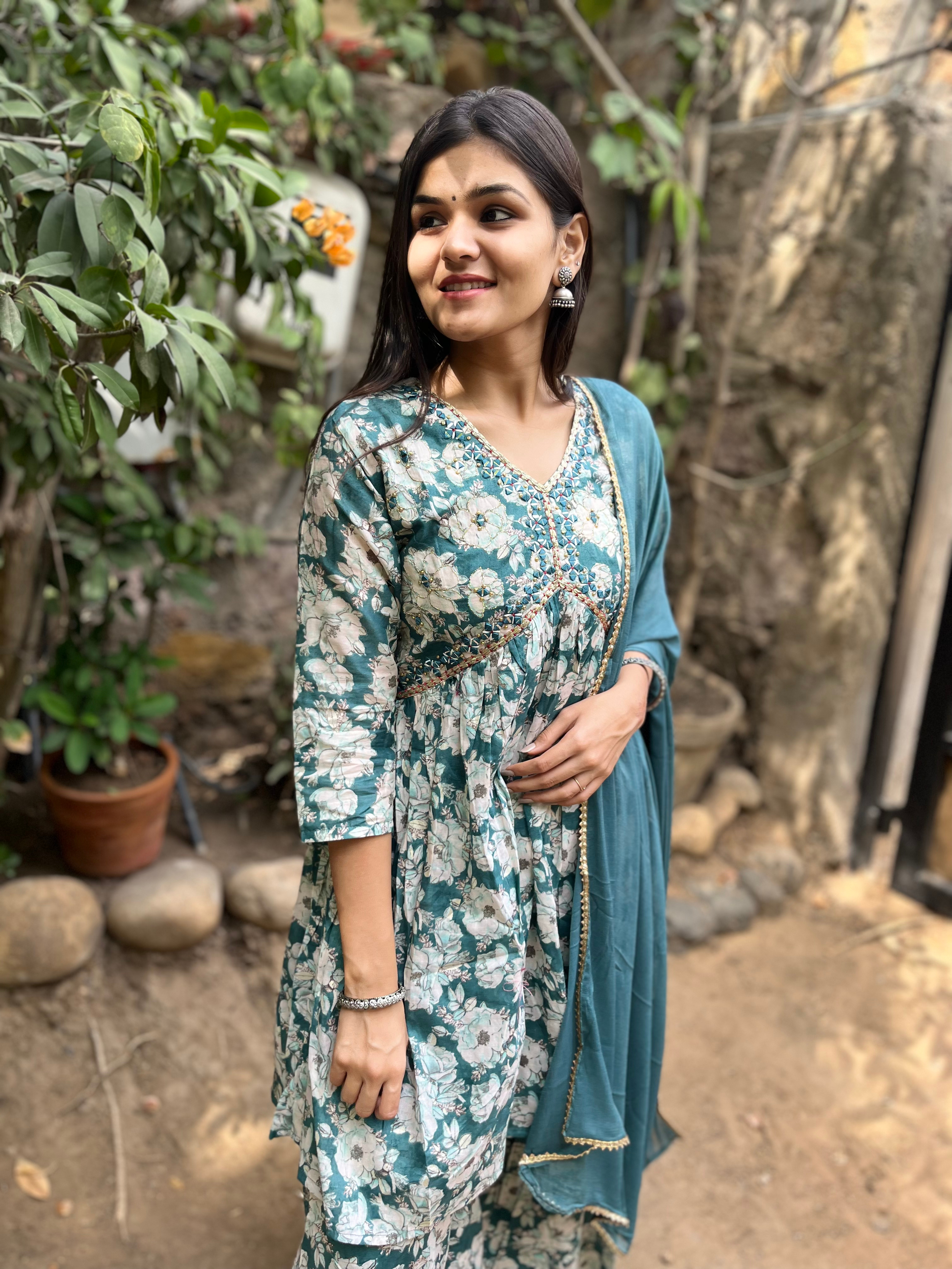 Firozi Blue Alia Cut : 3 Piece Sharara Set