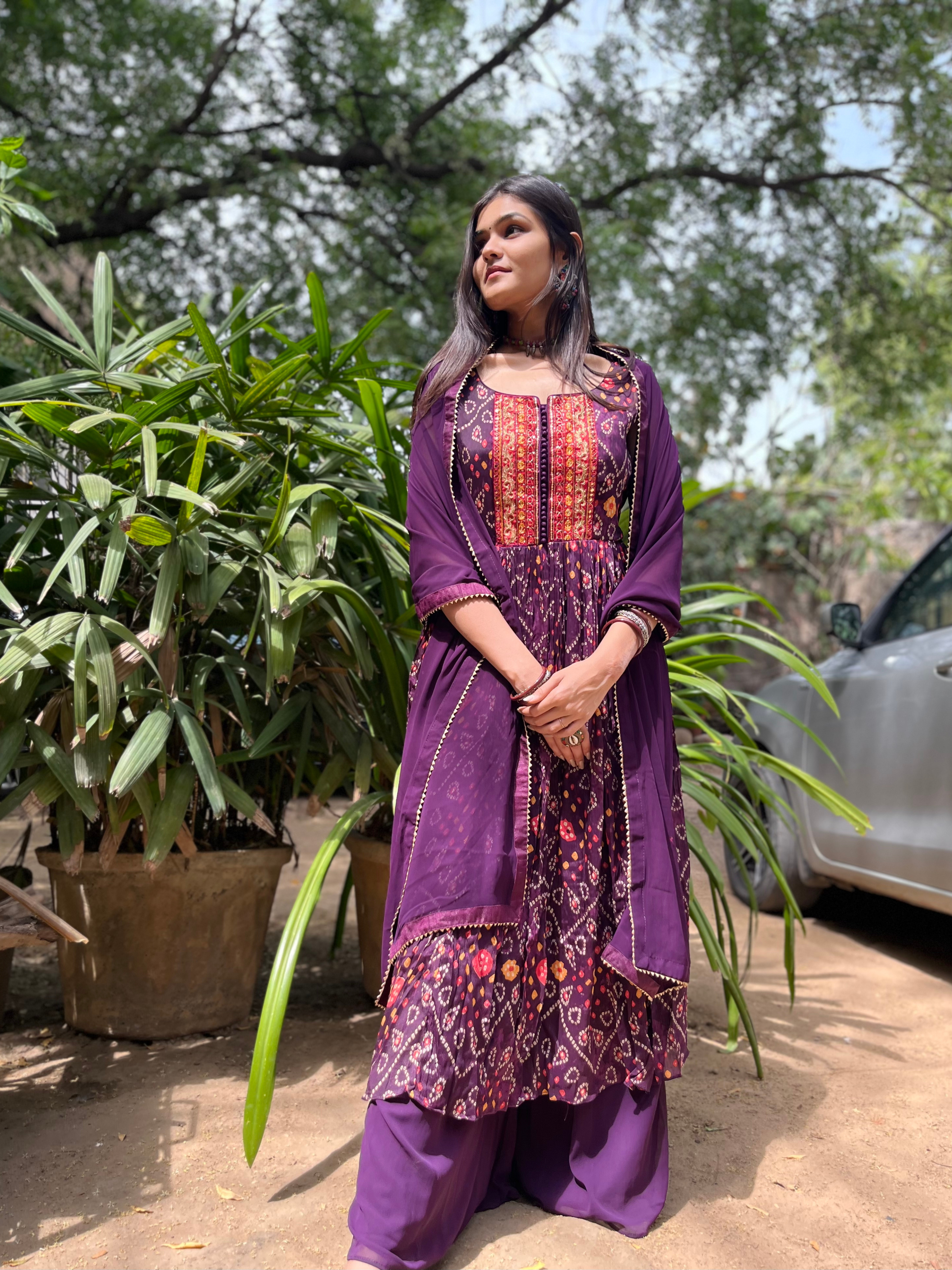 Image of Naira Cut Palazzo Set with Bandhani Print