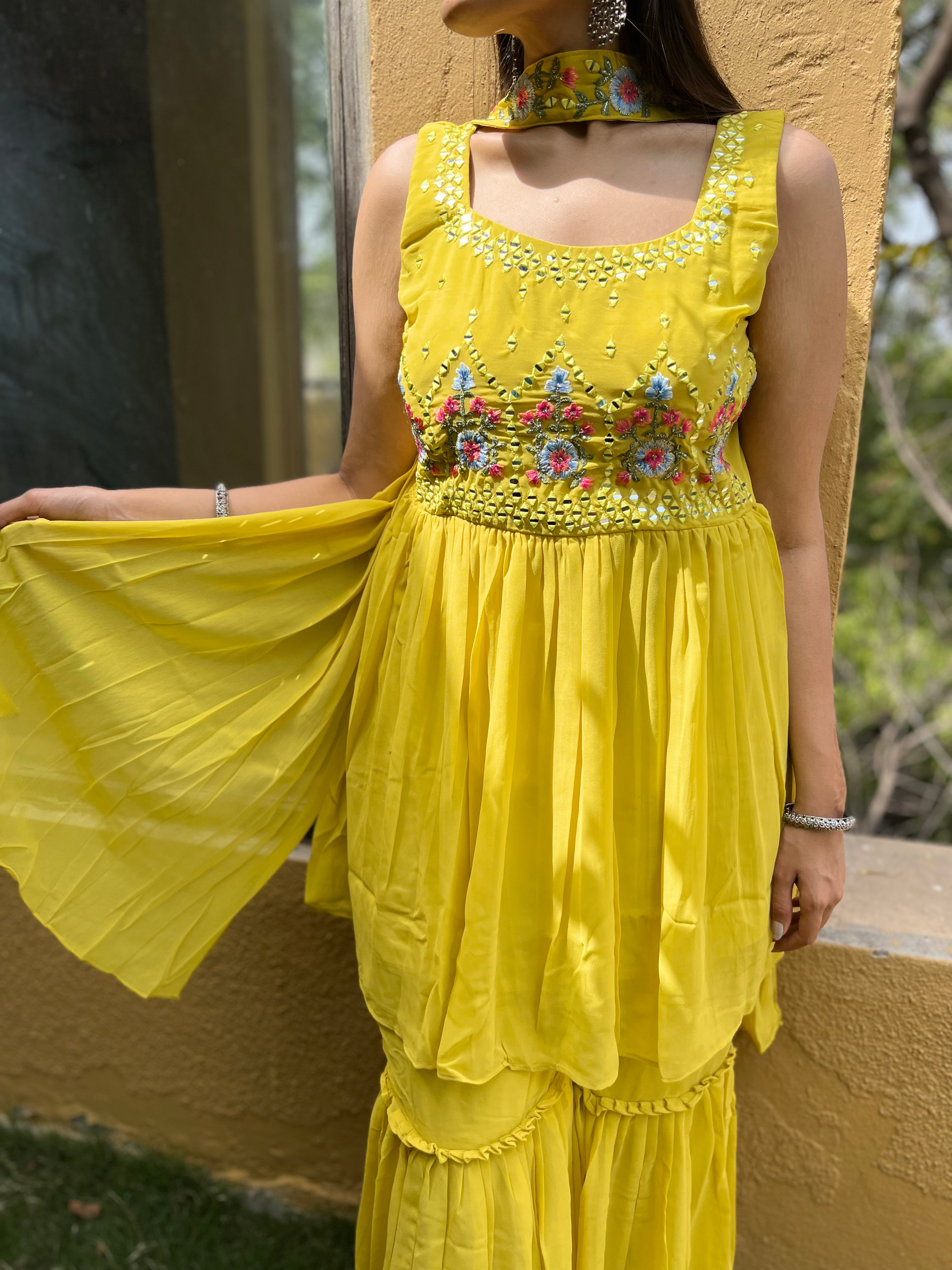 Image of Georgette Yellow : 3 Piece Sharara Set