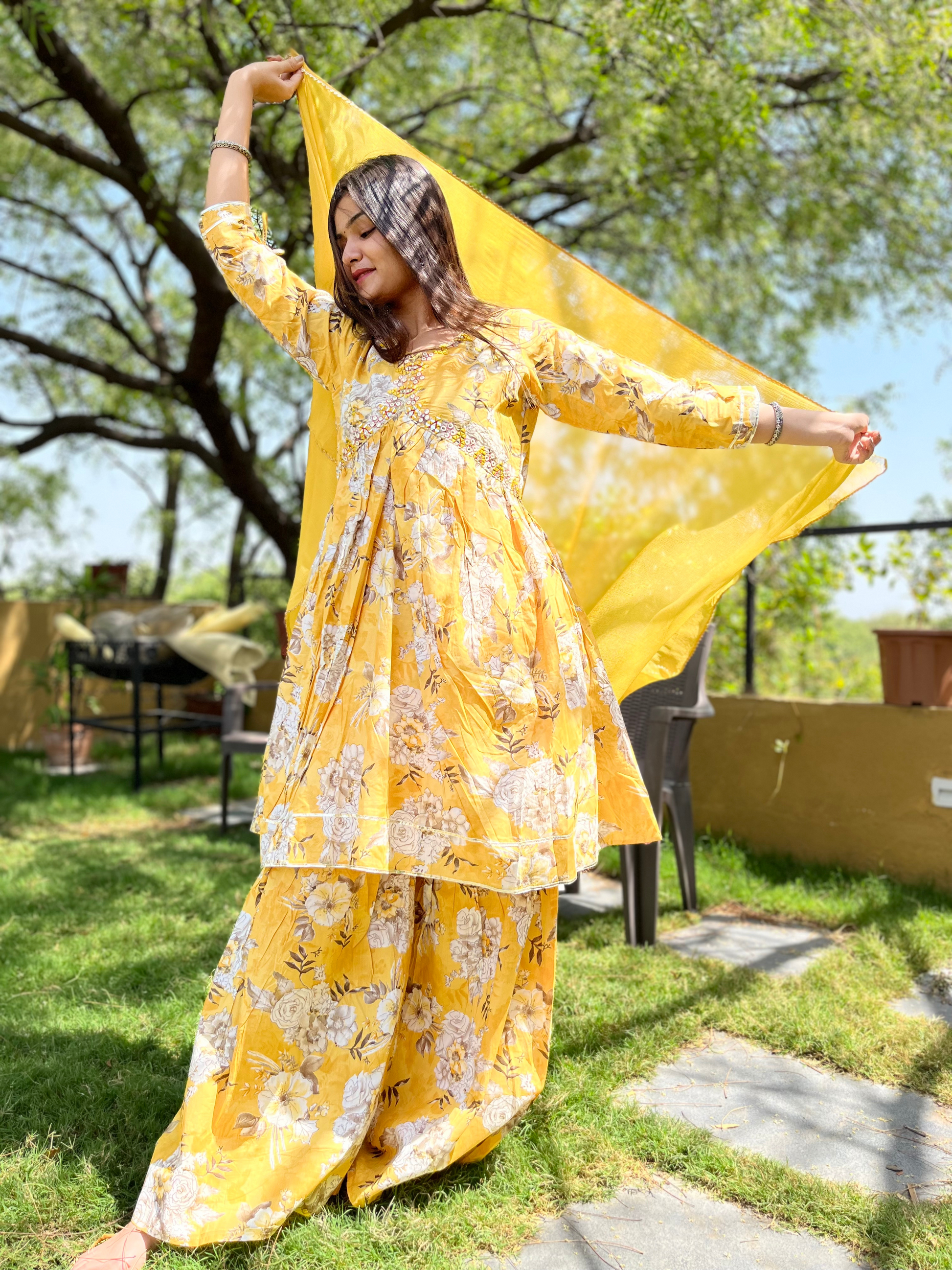 Mul Cotton Alia Cut Sharara Set with Nazlin Dupatta- 3 Piece