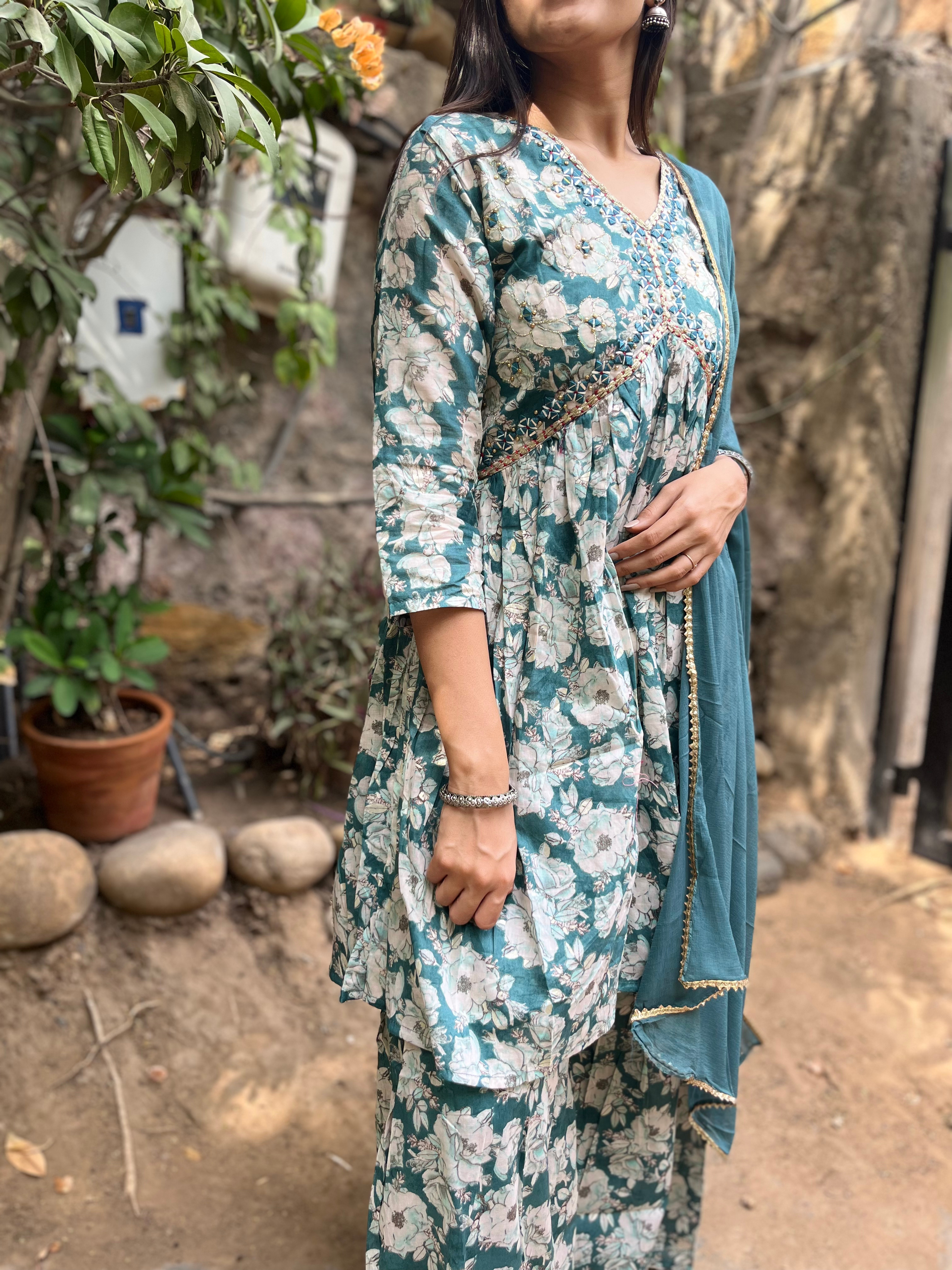 Image of Firozi Blue Alia Cut : 3 Piece Sharara Set