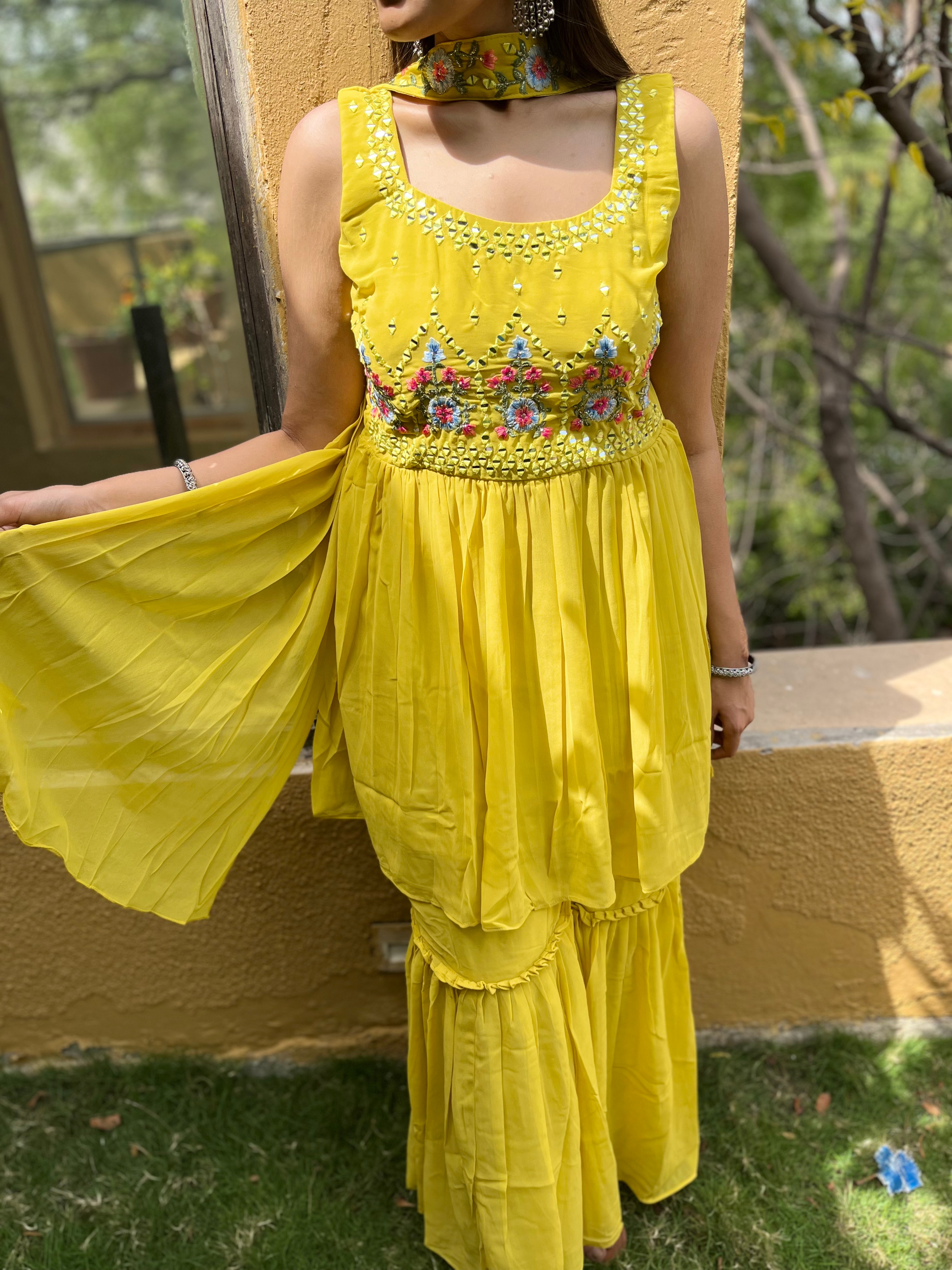 Image of Georgette Yellow : 3 Piece Sharara Set