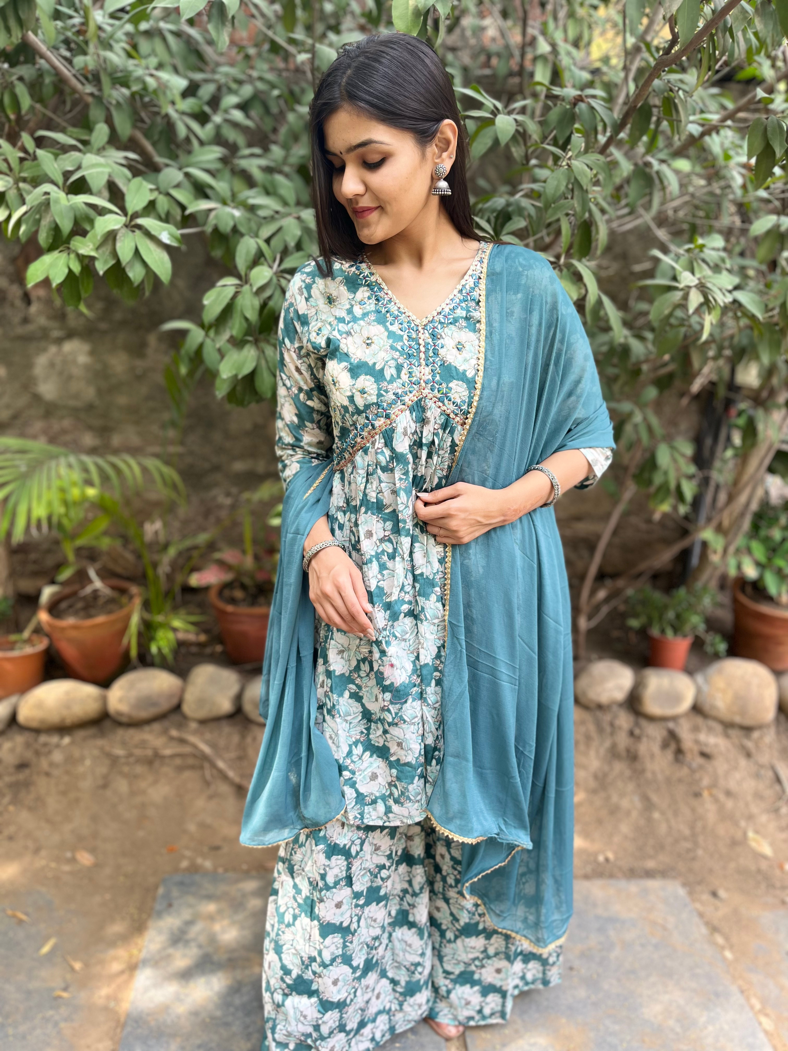 Image of Firozi Blue Alia Cut : 3 Piece Sharara Set