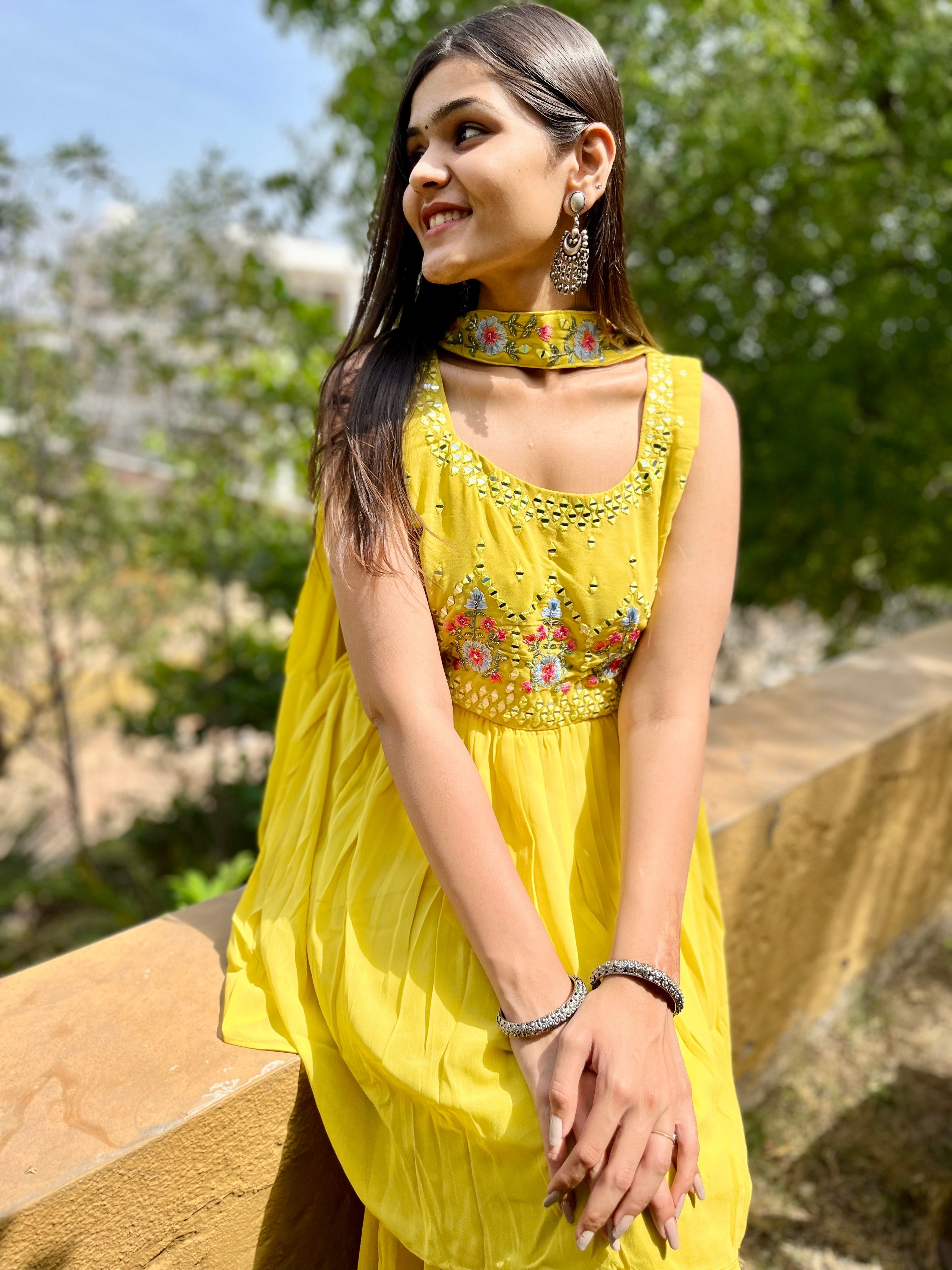 Georgette Yellow : 3 Piece Sharara Set