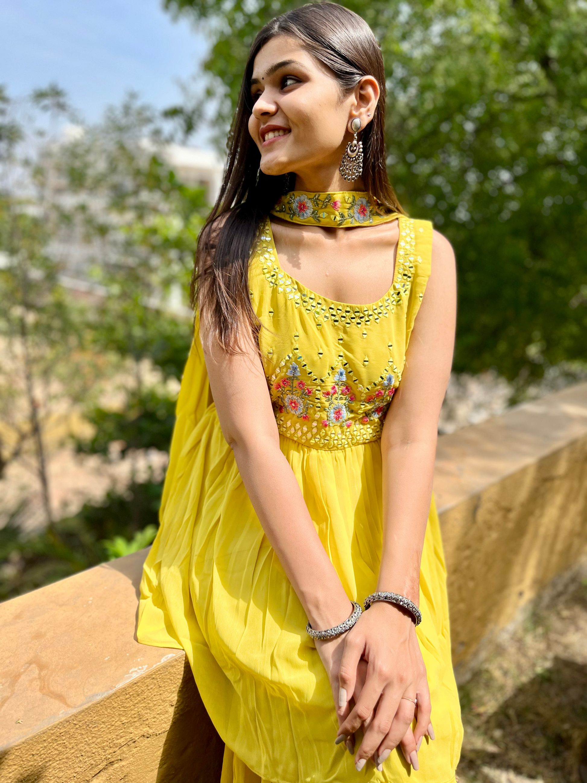 Georgette Yellow : 3 Piece Sharara Set