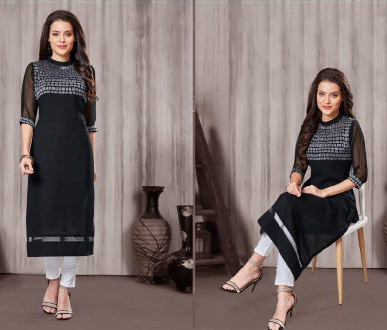 Pure Georgette Straight Kurti - Black