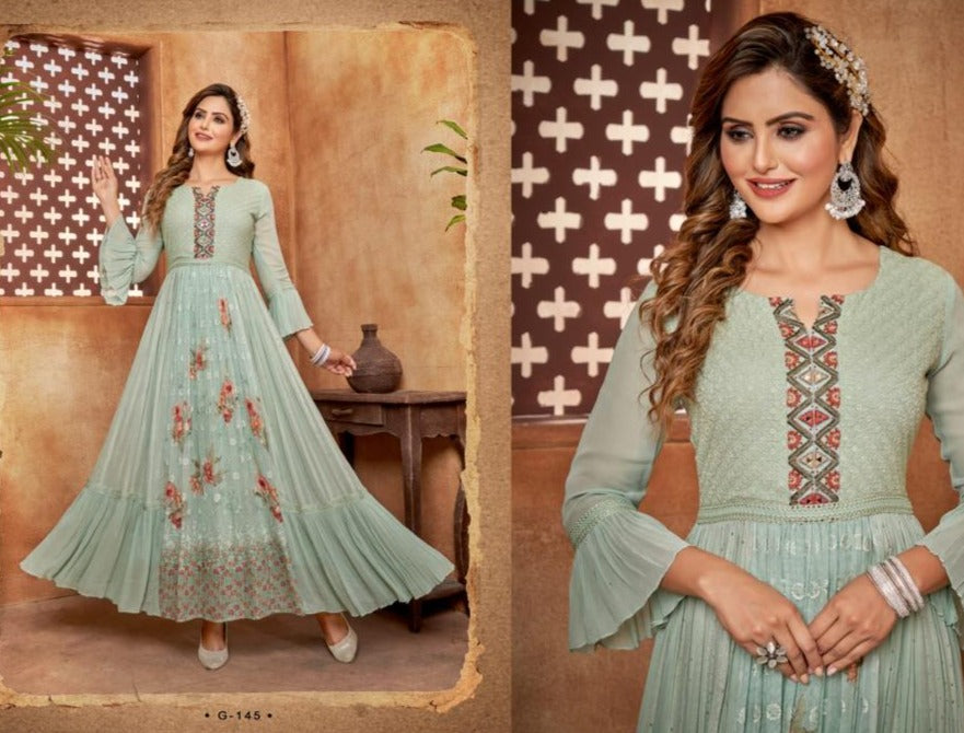 Image of Pure Georgette Sequence Embroidery Gown Kurti - Sky Blue