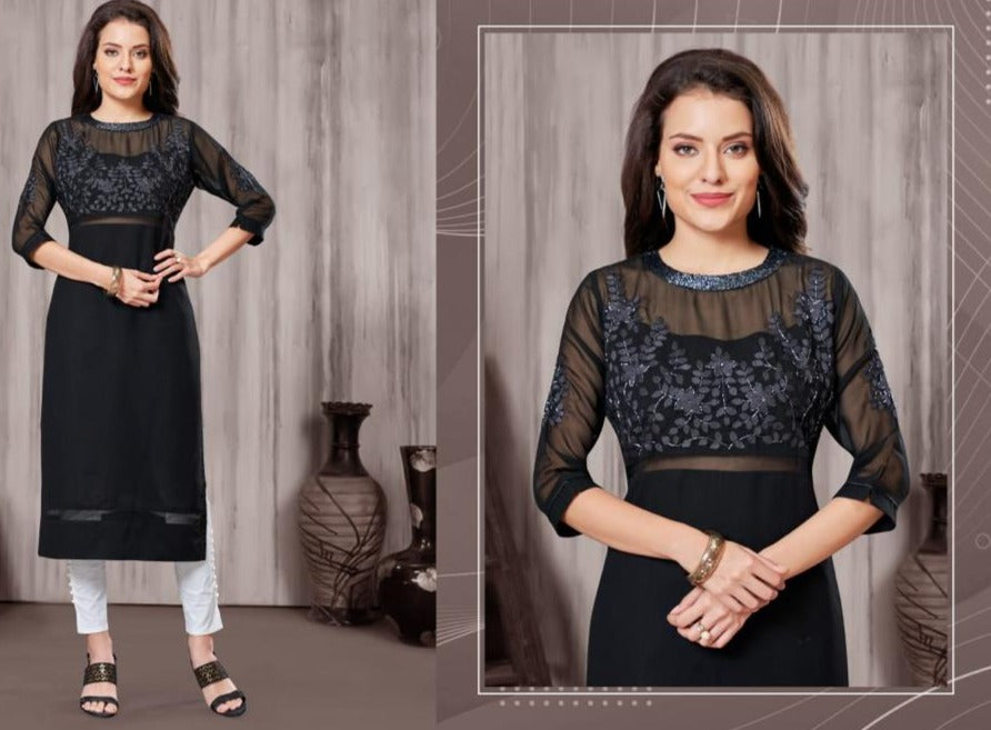 Image of Pure Georgette Black Kurti - Straight
