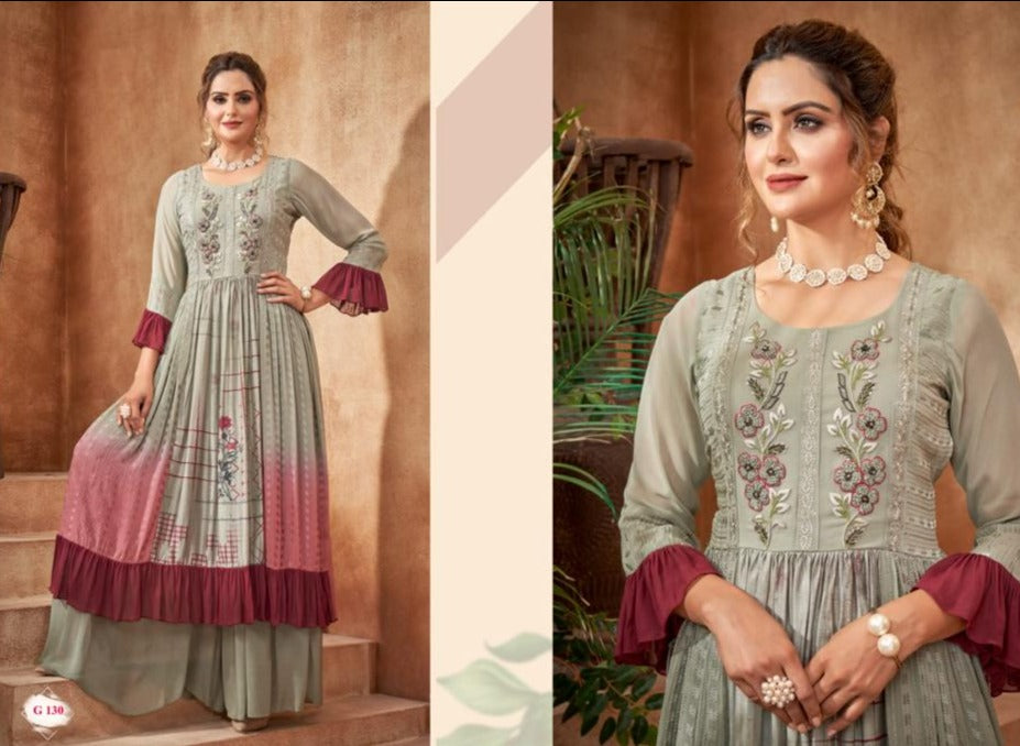 Pure Georgette Naira Cut Kurti Set- Pearl River