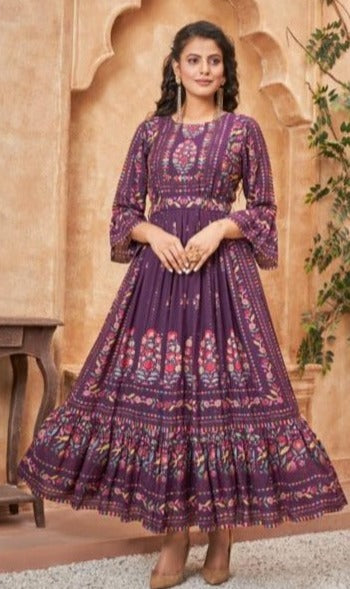 Pure Muslin with Sequence Mirror Gown Kurti - Purple