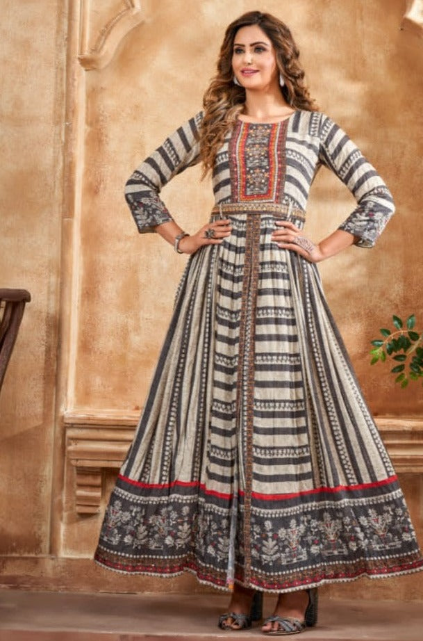 Pure Muslin Chevron Pattern Gown Kurti - Creamy Dove