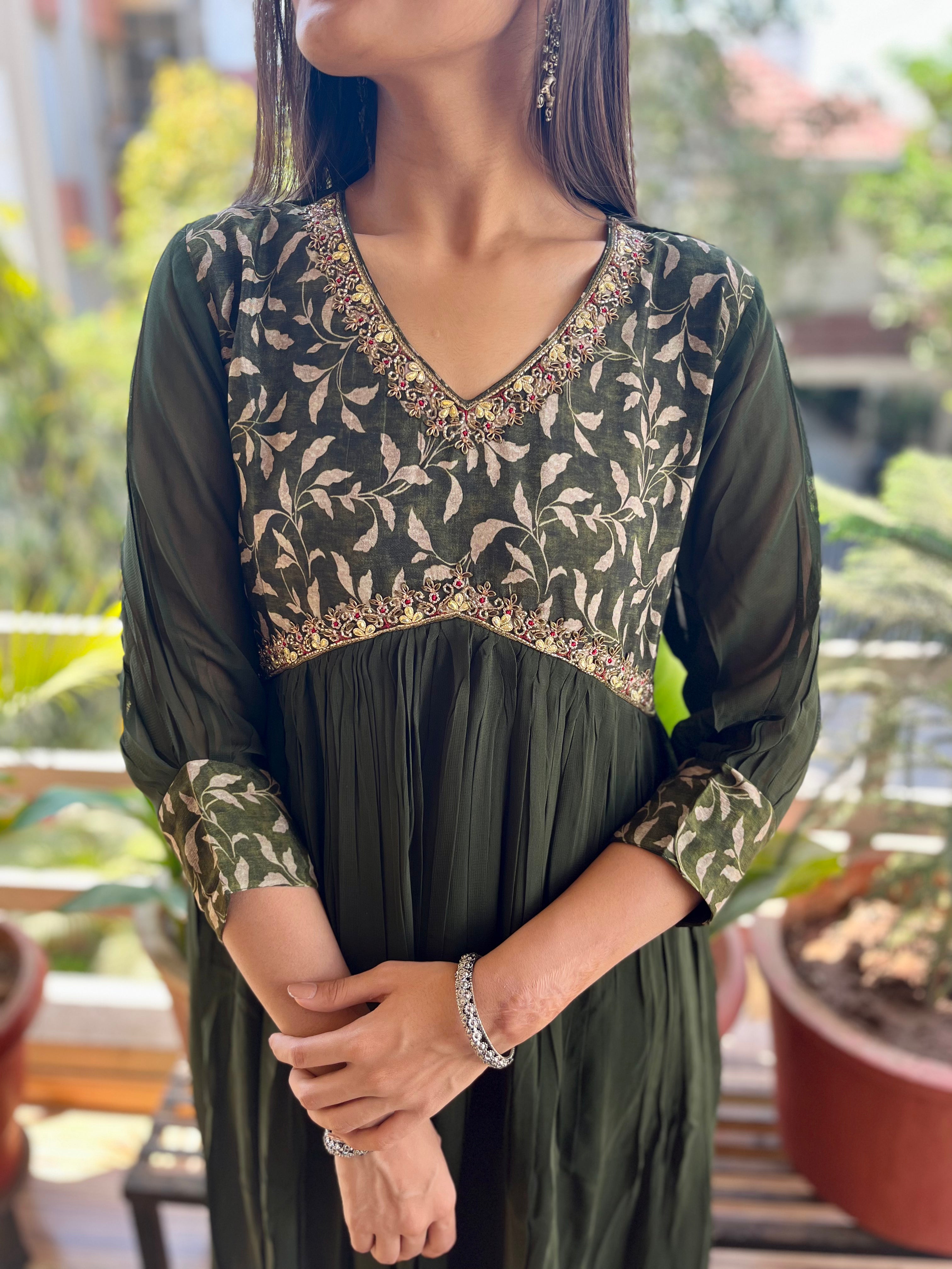 Image of Georgette Gown Kurti - Green