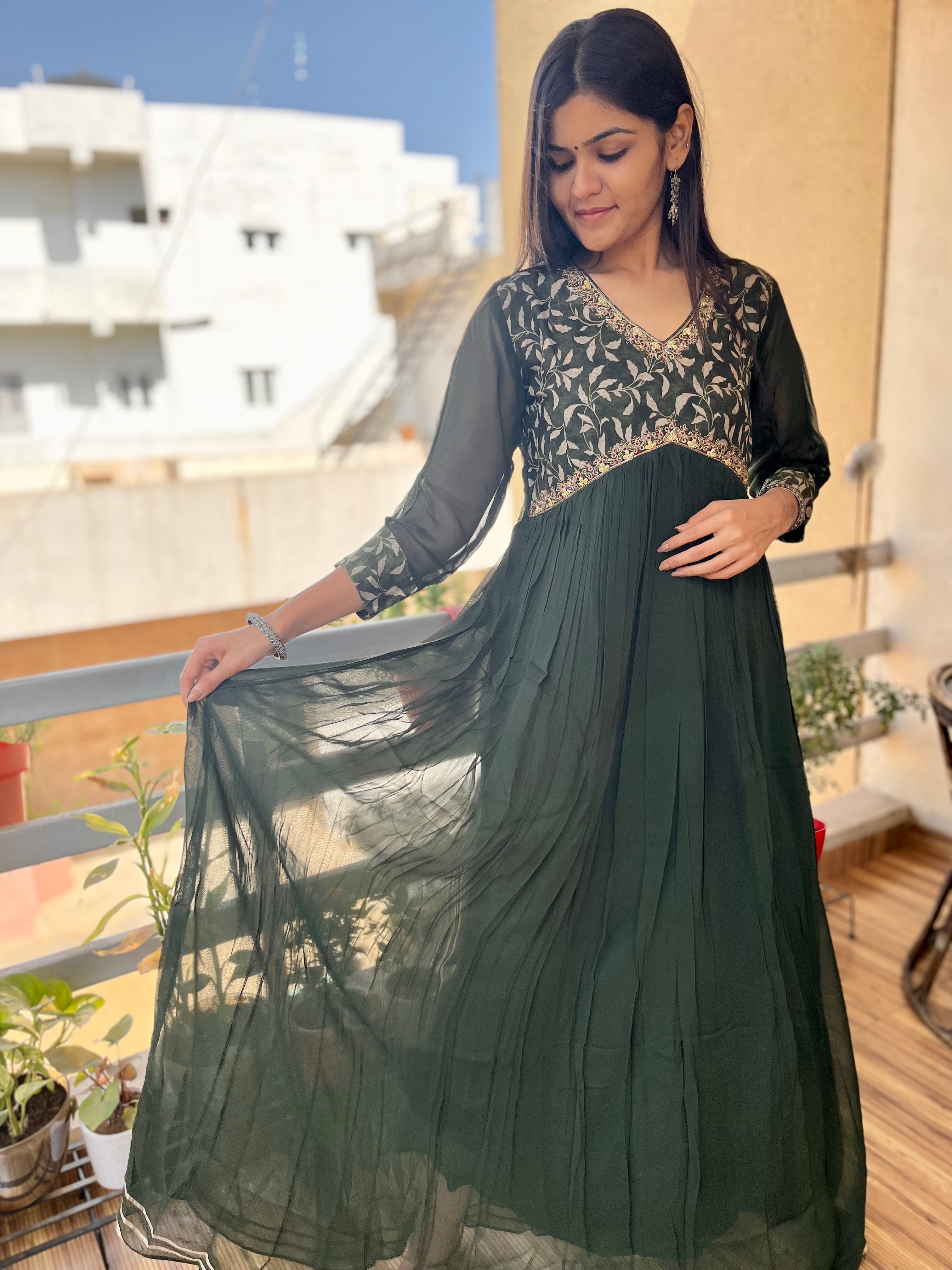 Image of Georgette Gown Kurti - Green
