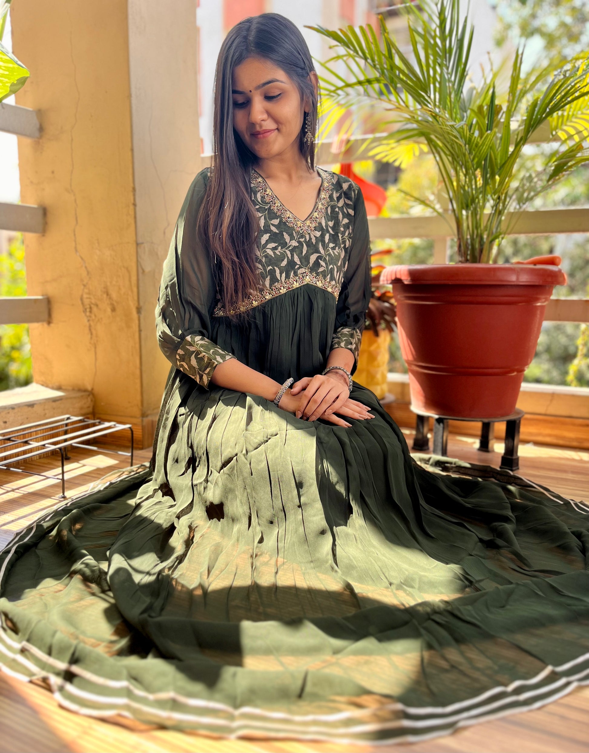 Georgette Gown Kurti - Green