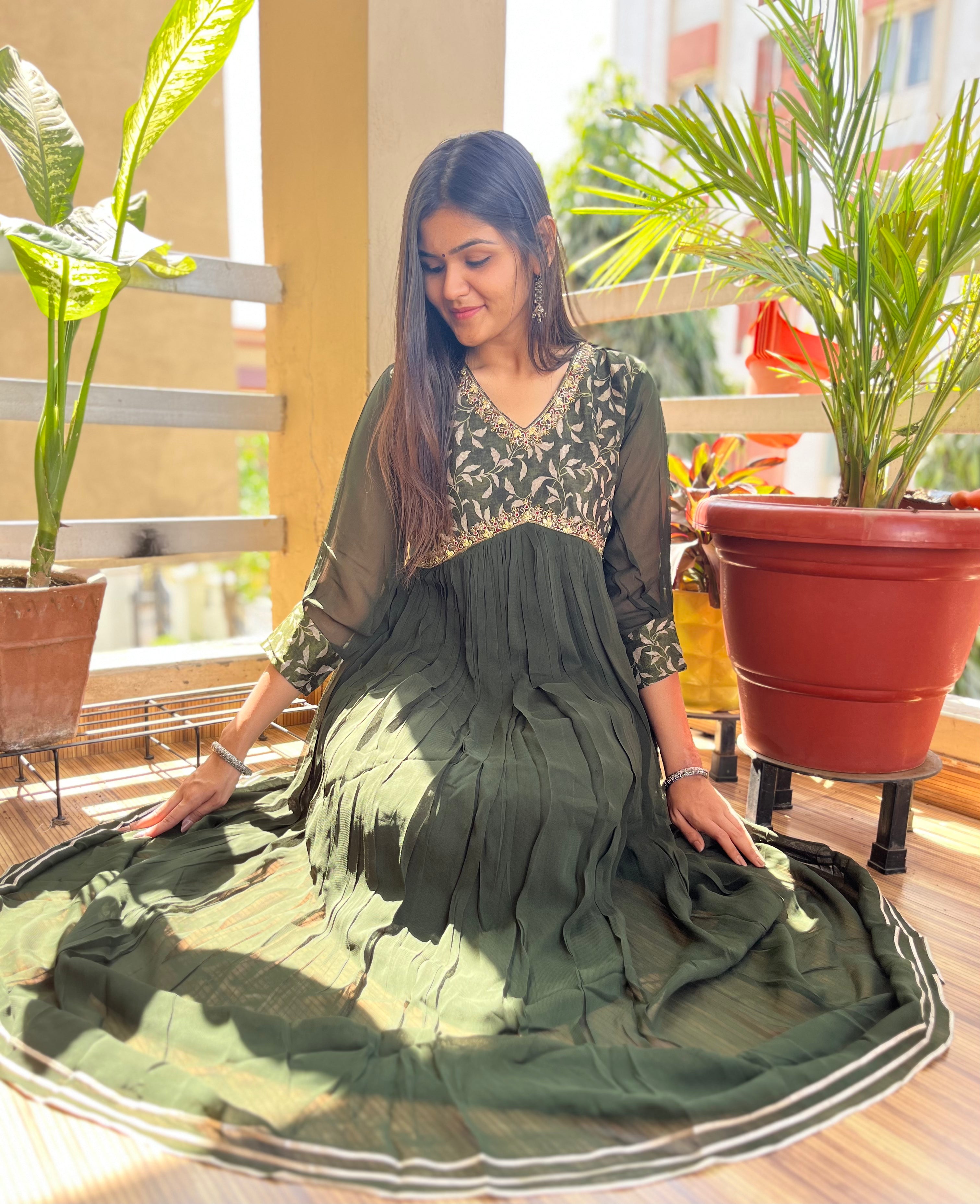 Image of Georgette Gown Kurti - Green