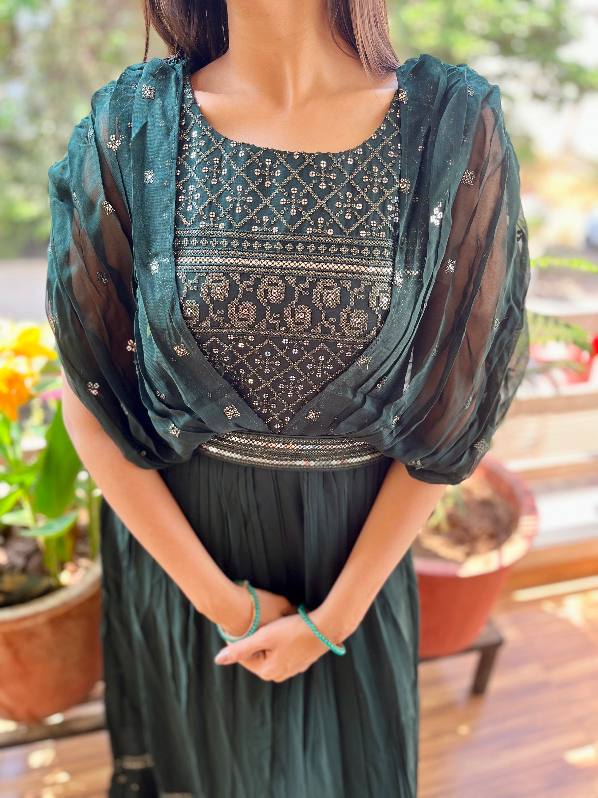 Georgette Gown with Belt  - Green