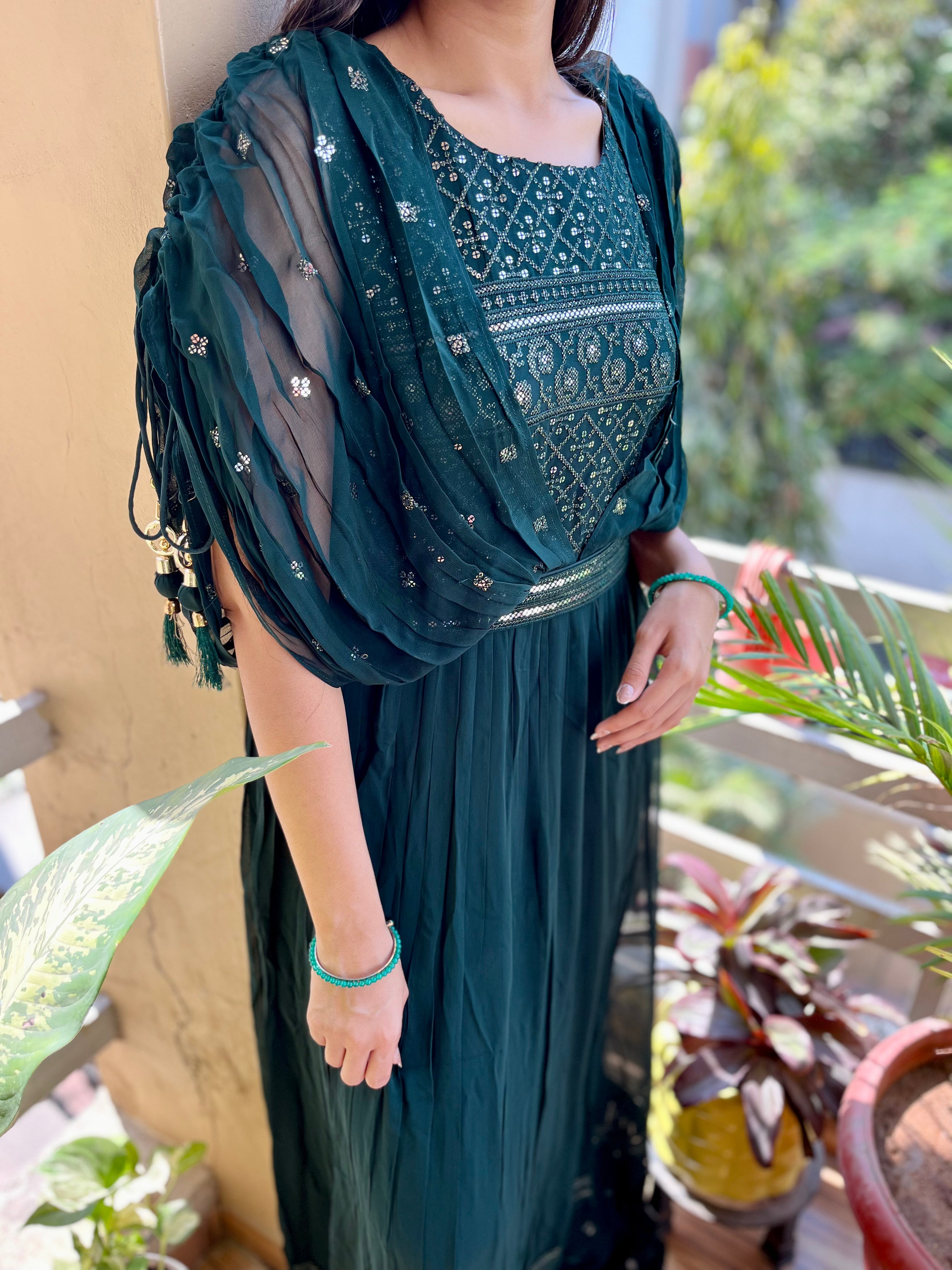 Georgette Gown with Belt  - Green