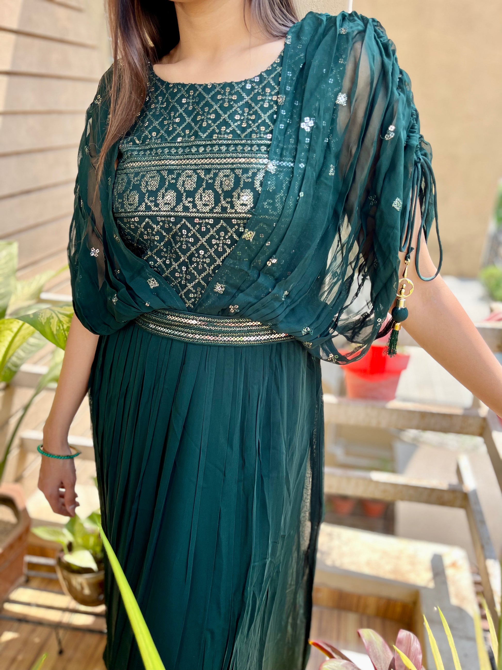 Georgette Gown with Belt  - Green