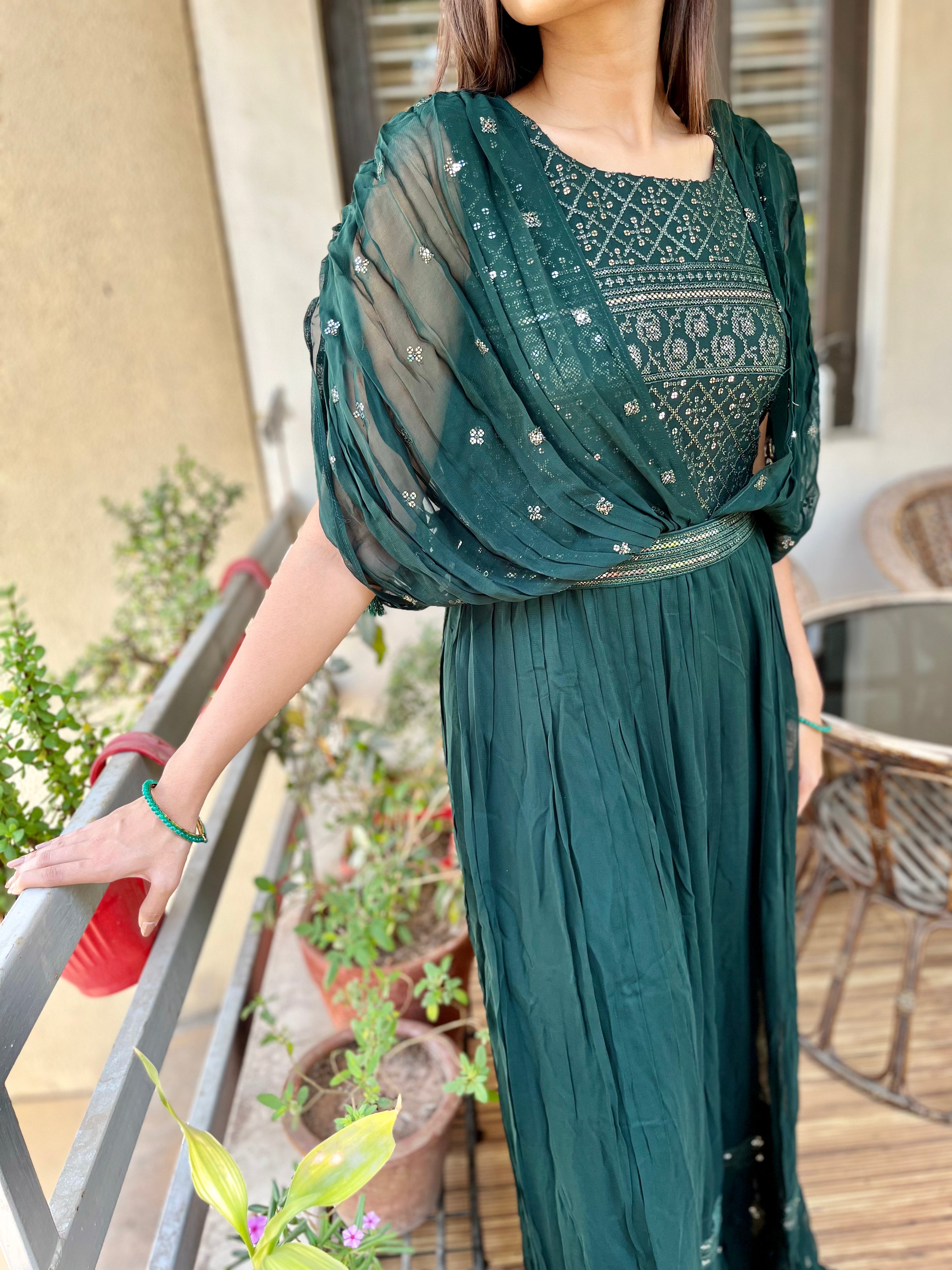 Georgette Gown with Belt  - Green