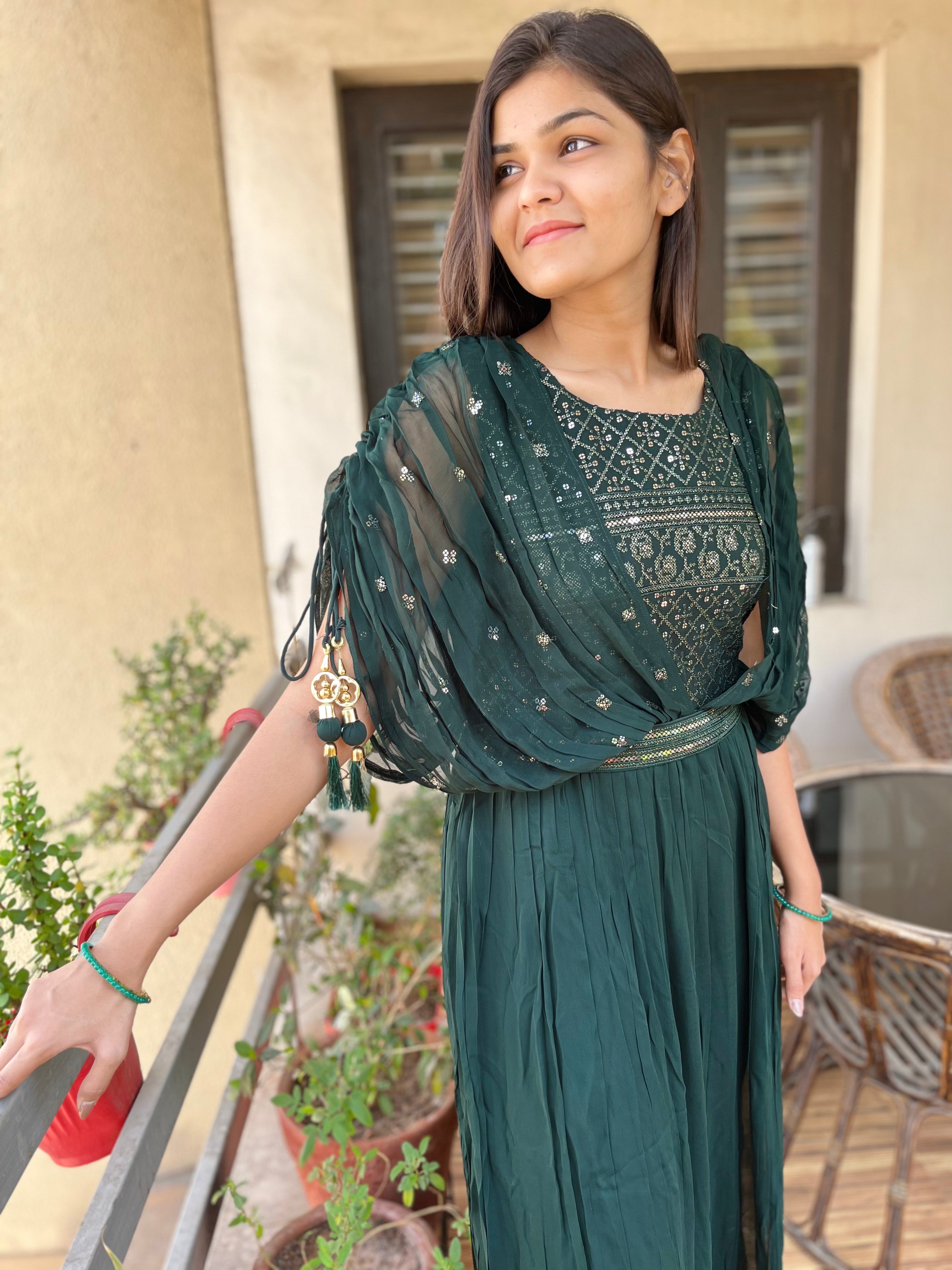 Image of Georgette Gown with Belt  - Green