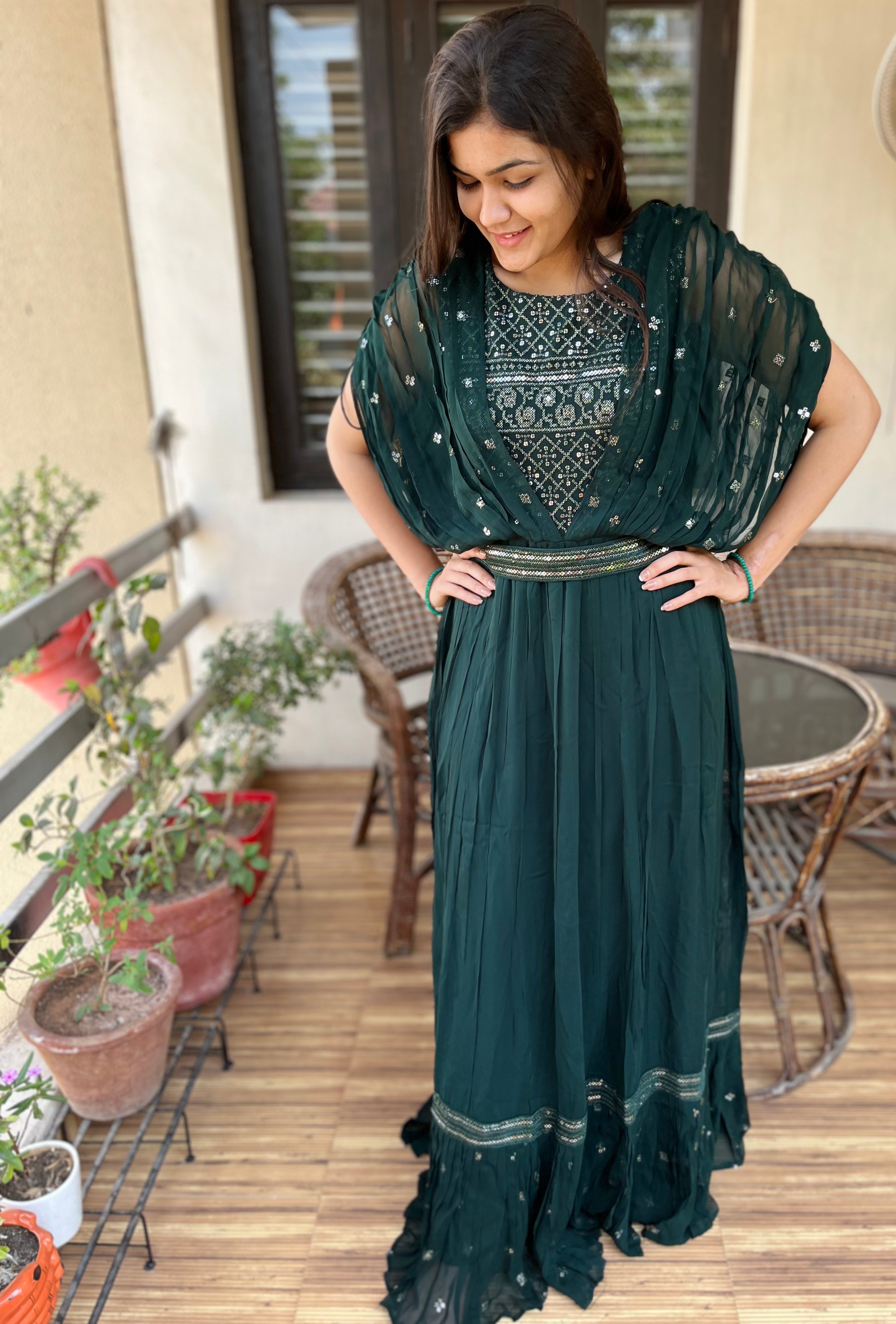 Georgette Gown with Belt  - Green