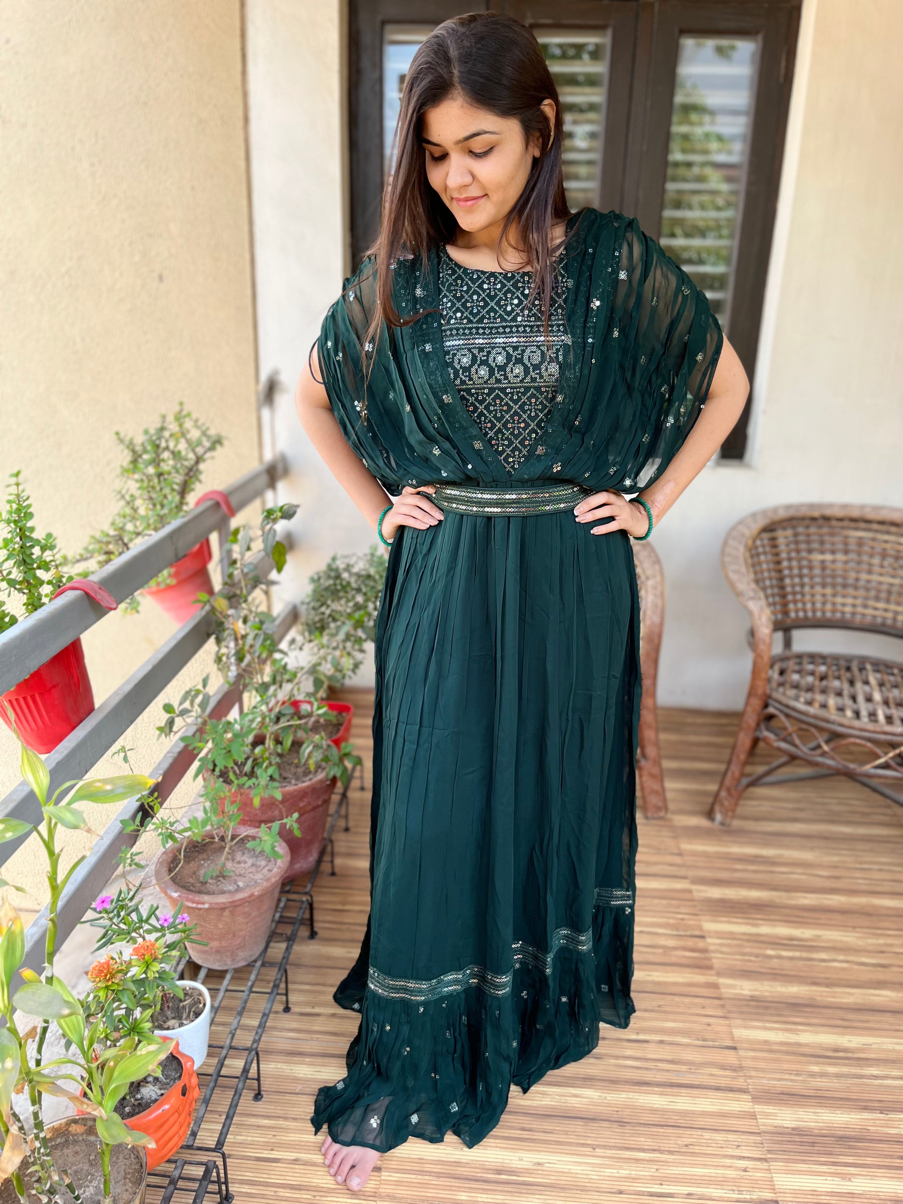 Georgette Gown with Belt  - Green