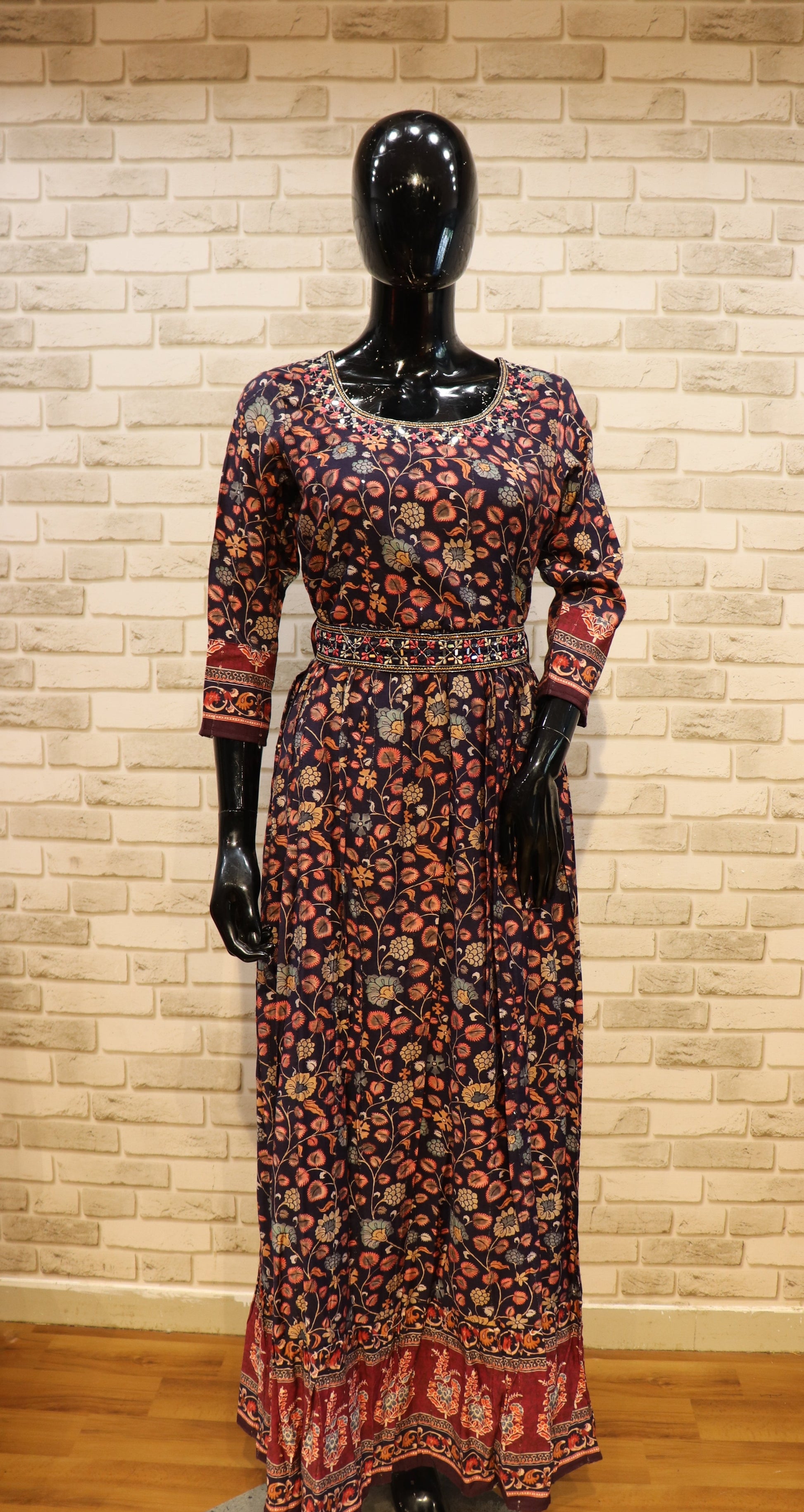 Pure Muslin Gown Kurti with Belt- Dark Blue