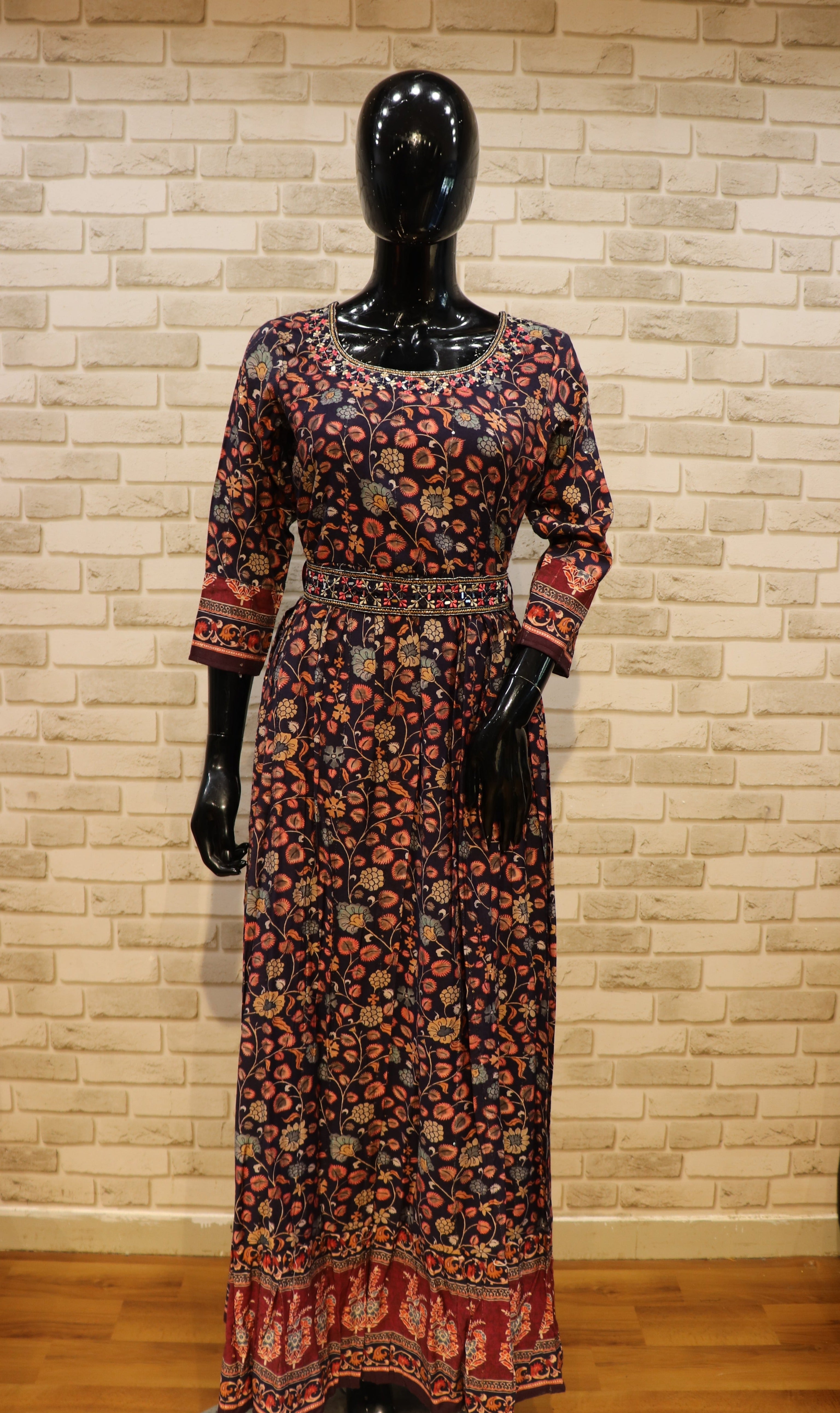 Image of Pure Muslin Gown Kurti with Belt- Dark Blue