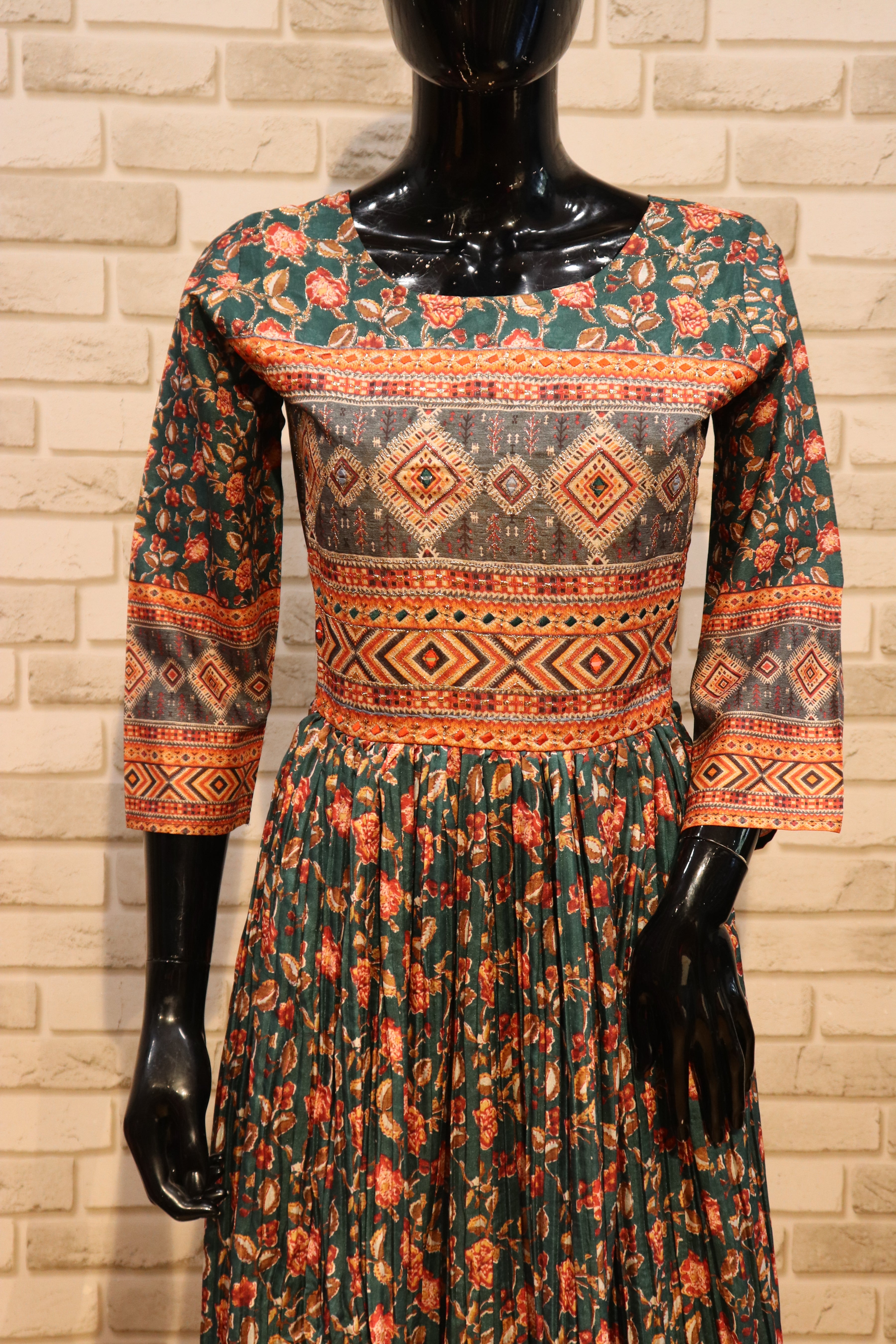 Image of Pure Muslin Gown Kurti with Abstract Print- Royal Green