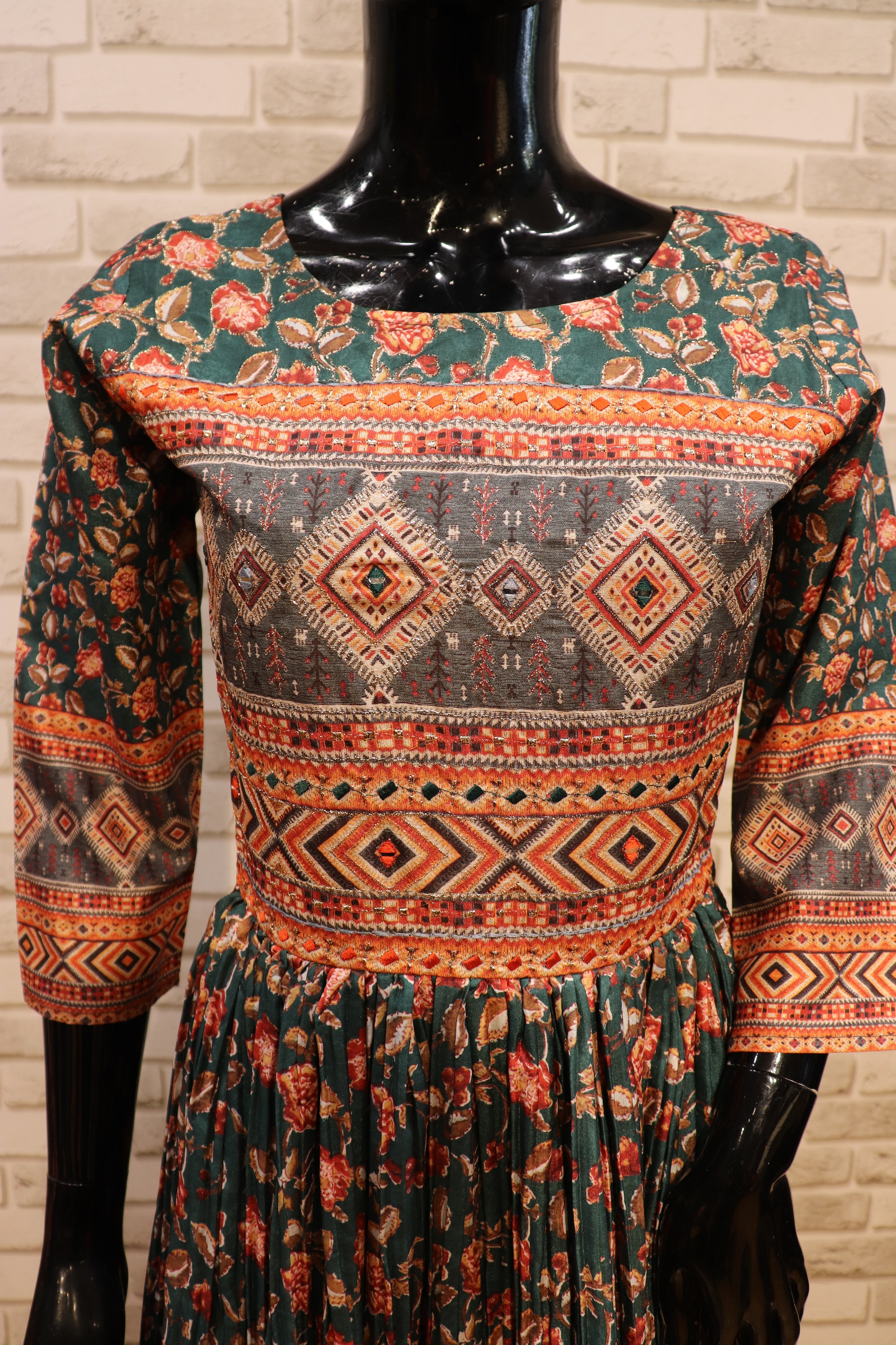Image of Pure Muslin Gown Kurti with Abstract Print- Royal Green