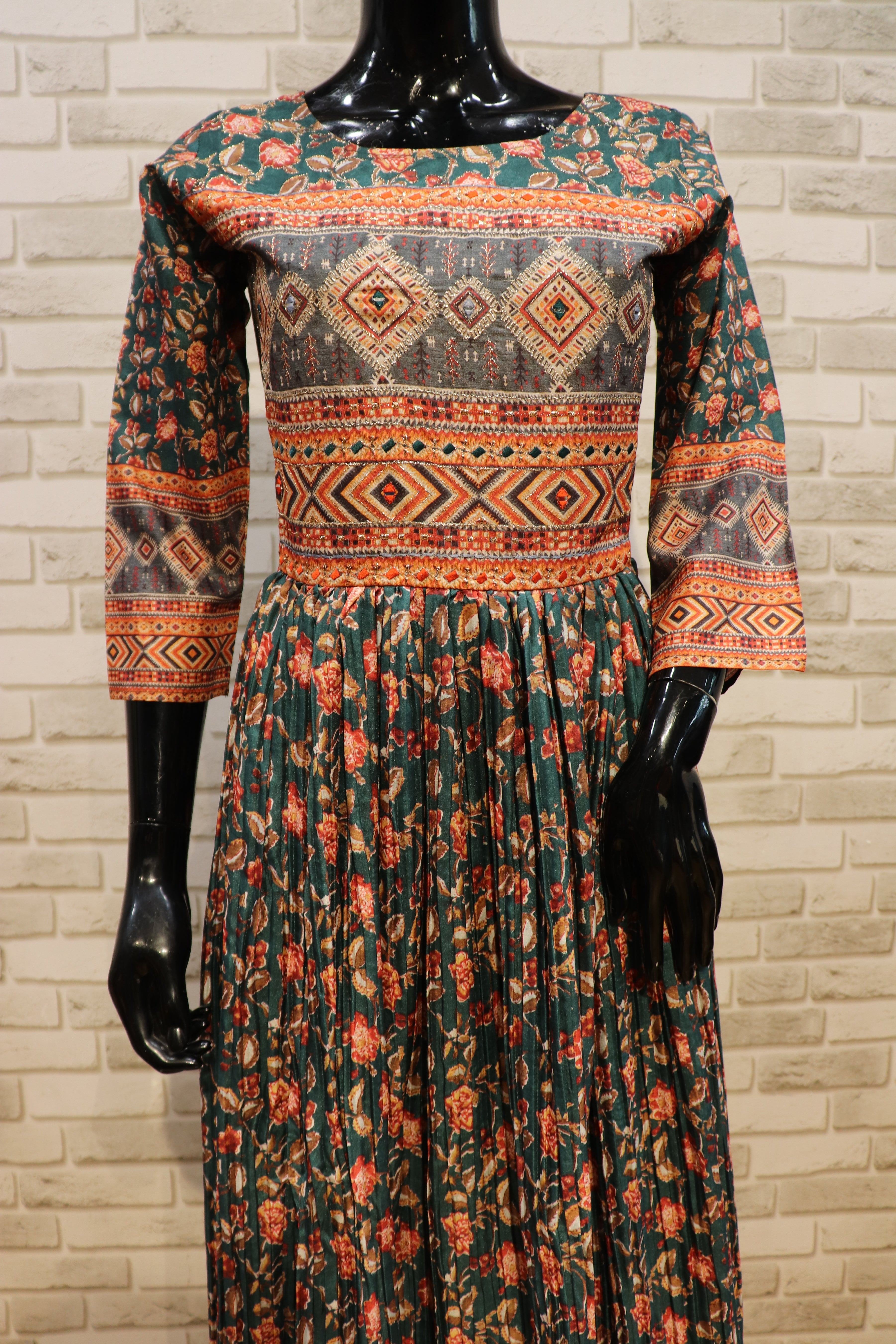 Image of Pure Muslin Gown Kurti with Abstract Print- Royal Green