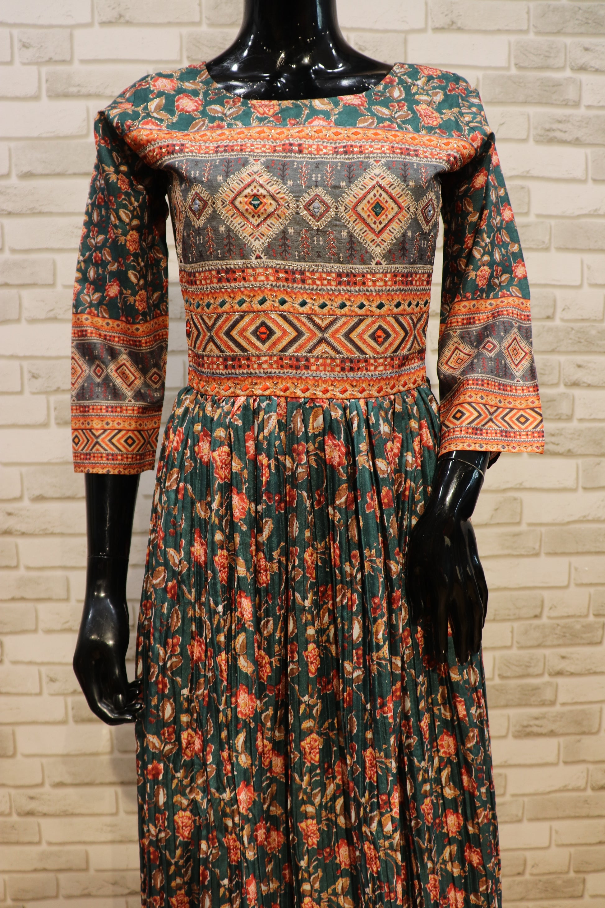 Pure Muslin Gown Kurti with Abstract Print- Royal Green