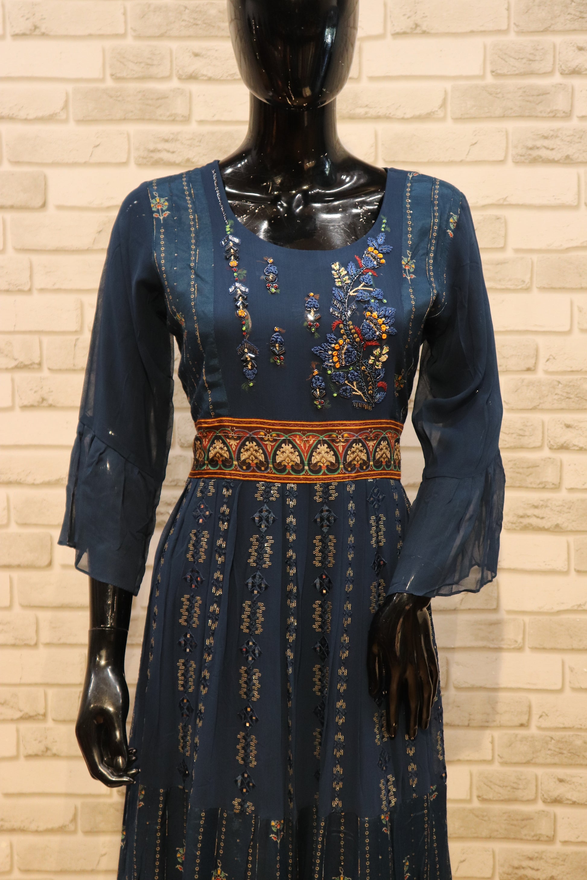 Pure Georgette Muslin Gown-Kurti - Tea Blue