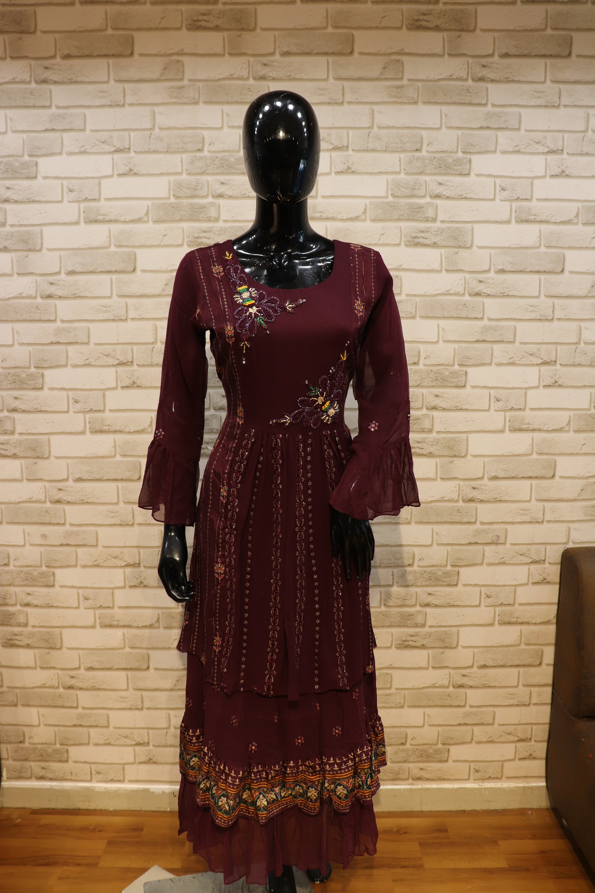 Georgette Muslin with Handwork, Gown- kurti - Wine Color