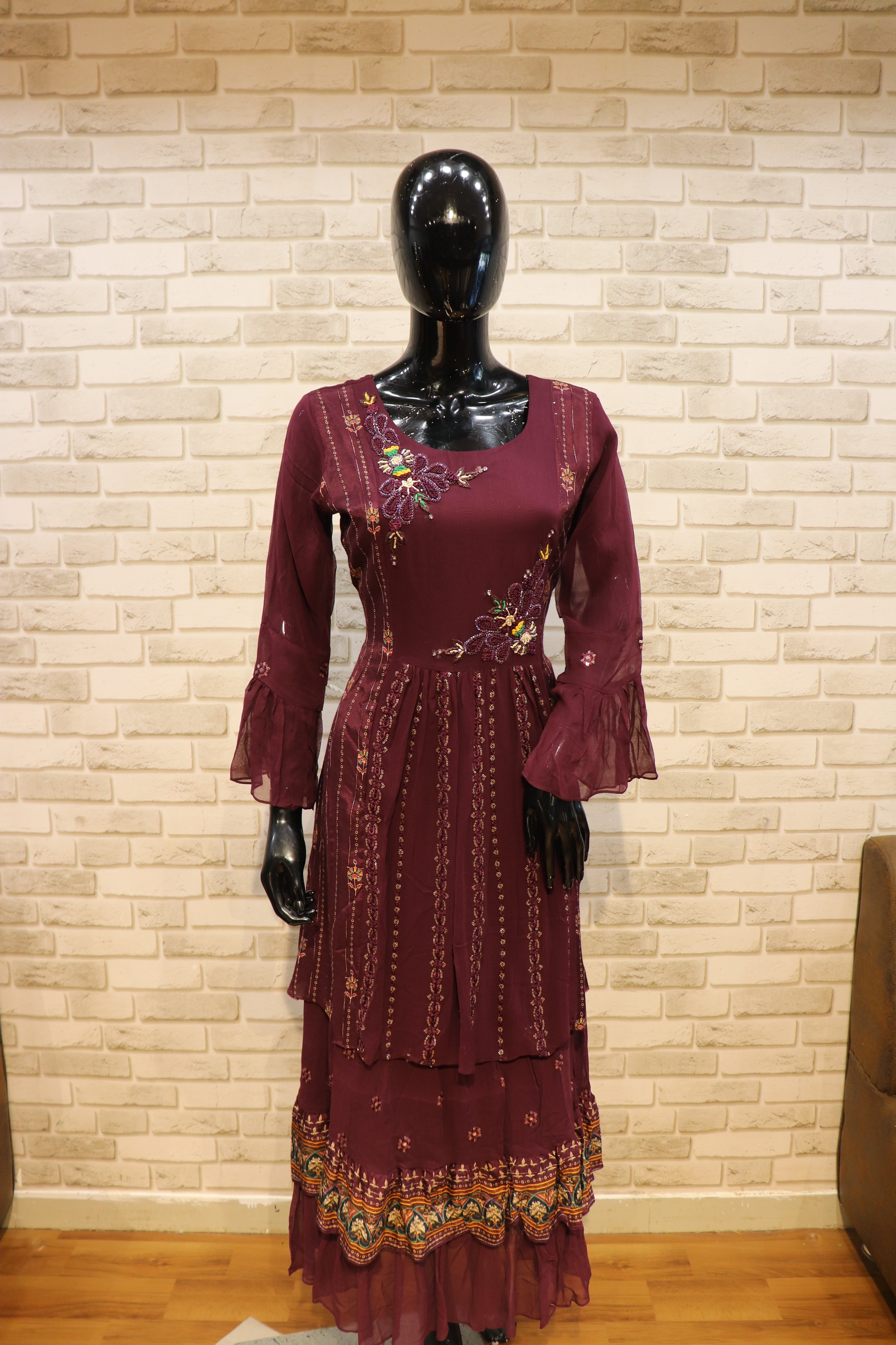 Image of Georgette Muslin with Handwork, Gown- kurti - Wine Color