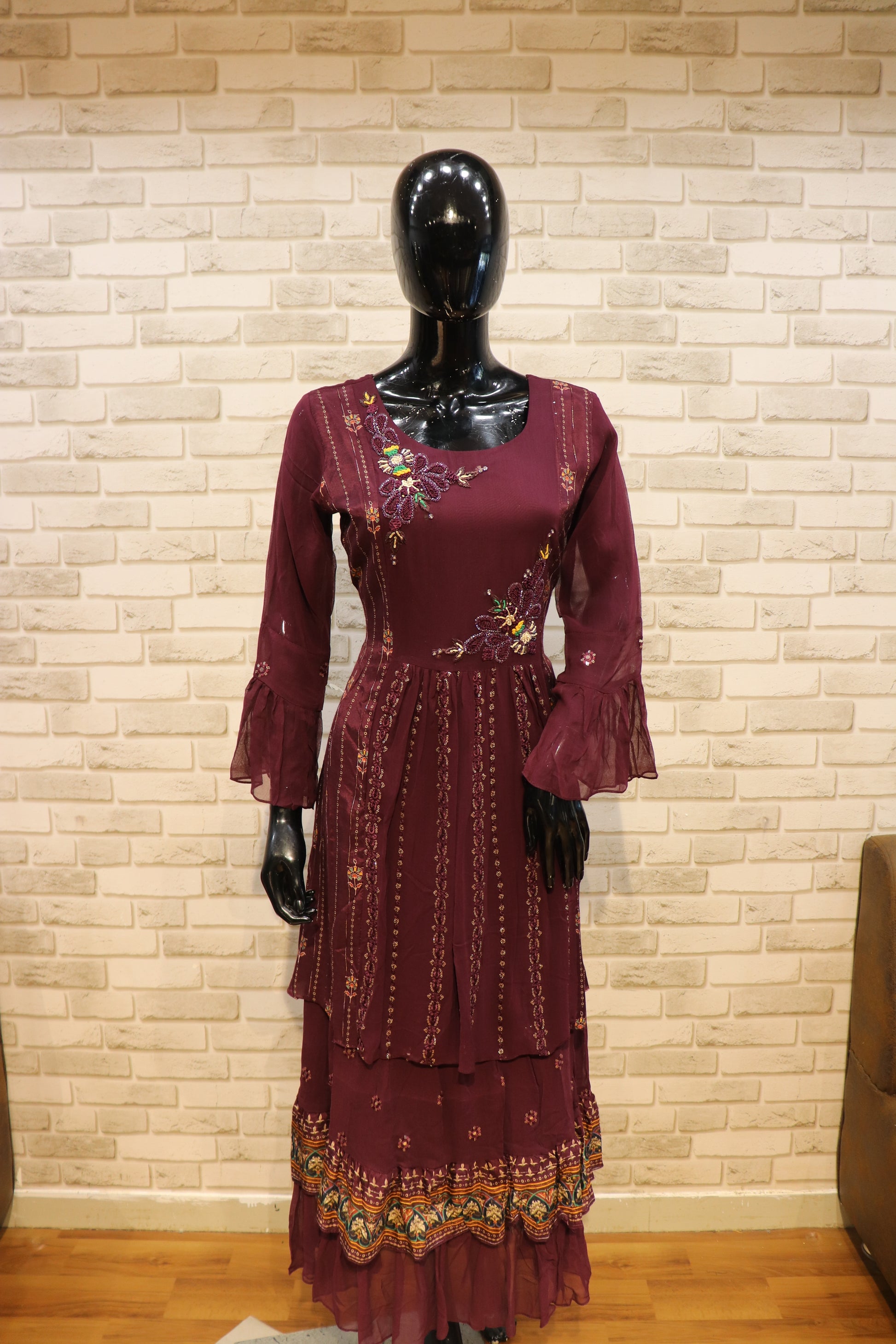 Georgette Muslin with Handwork, Gown- kurti - Wine Color